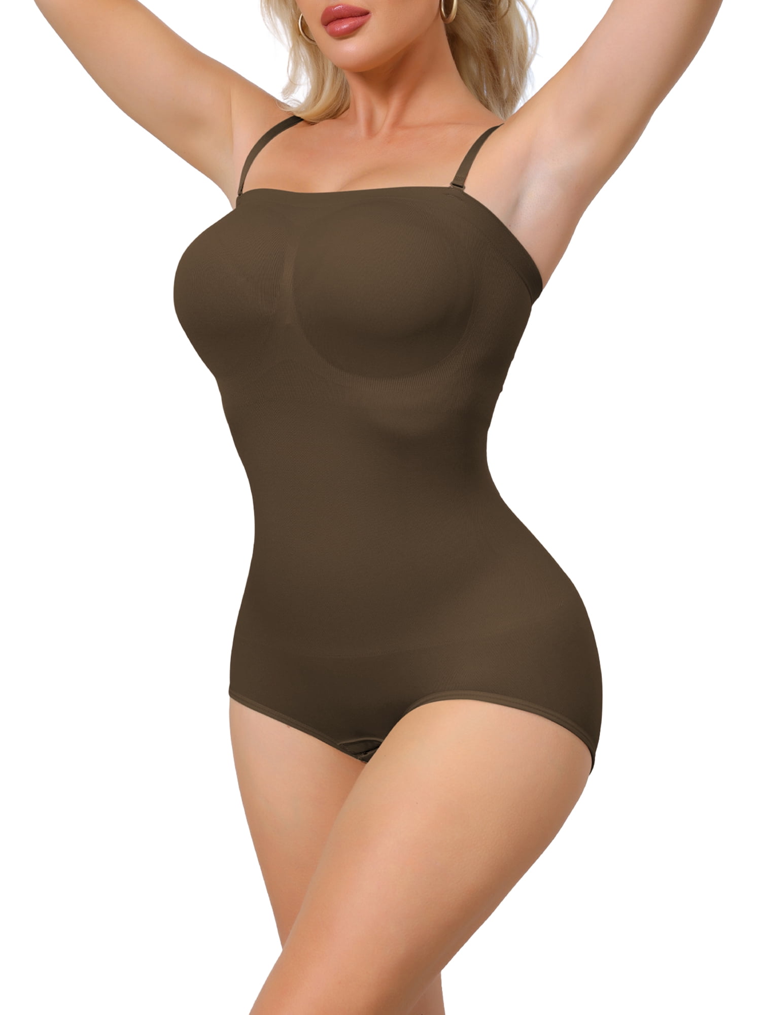 DARING DIVA Women's Strapless Leotard Tube Top Thong Bodyshaper L Brown