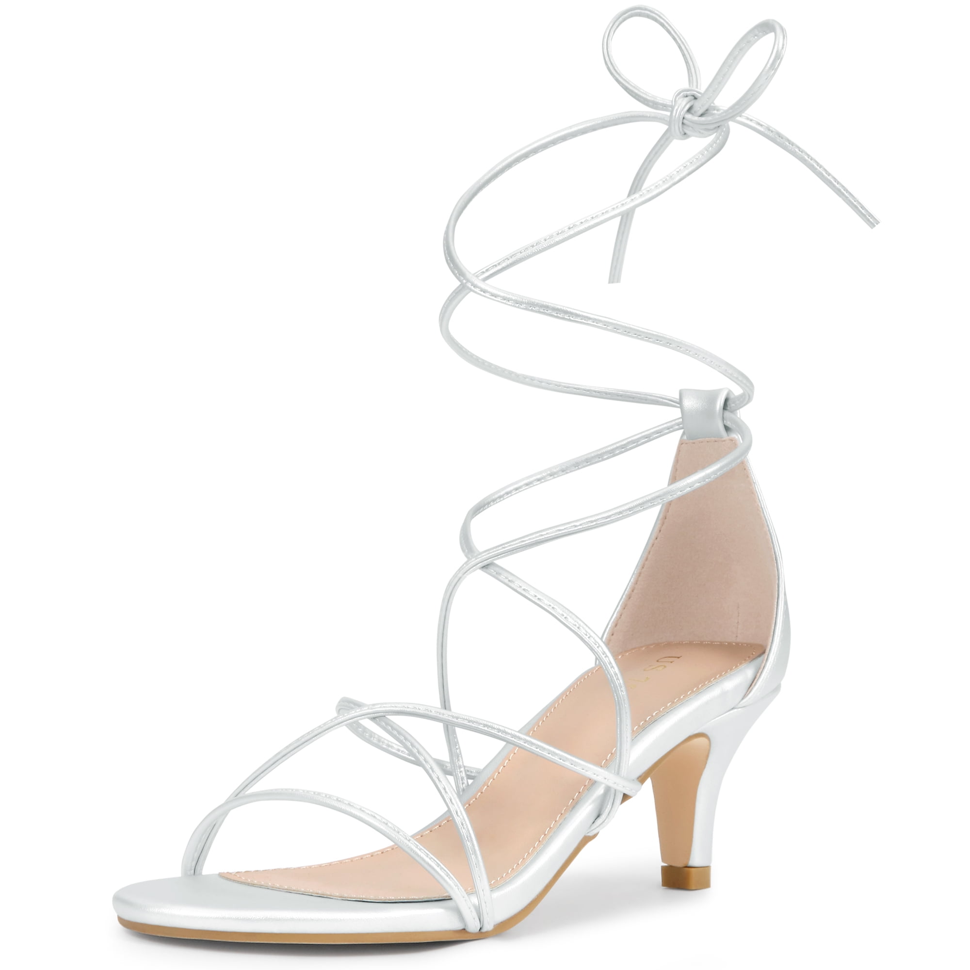 DARING DIVA Women's Strappy Kitten Heel Lace Up Sandals Silver 7