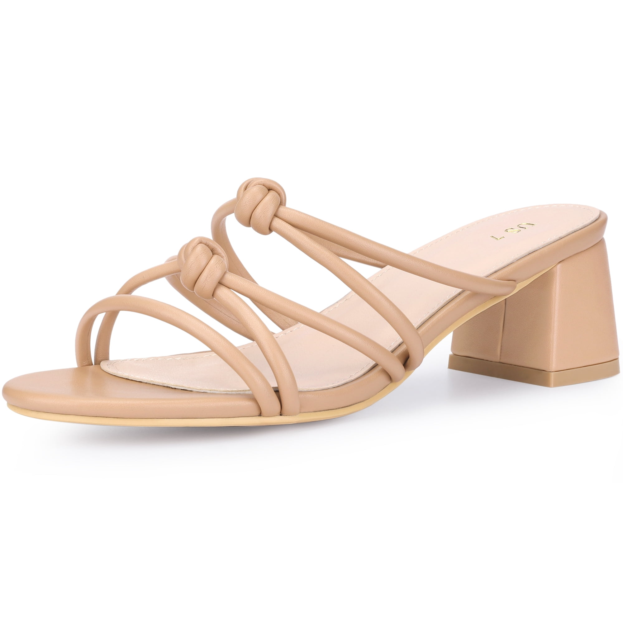DARING DIVA Women's Strappy Knotted Block Heel Black Heels Slides Sandals Nude 7