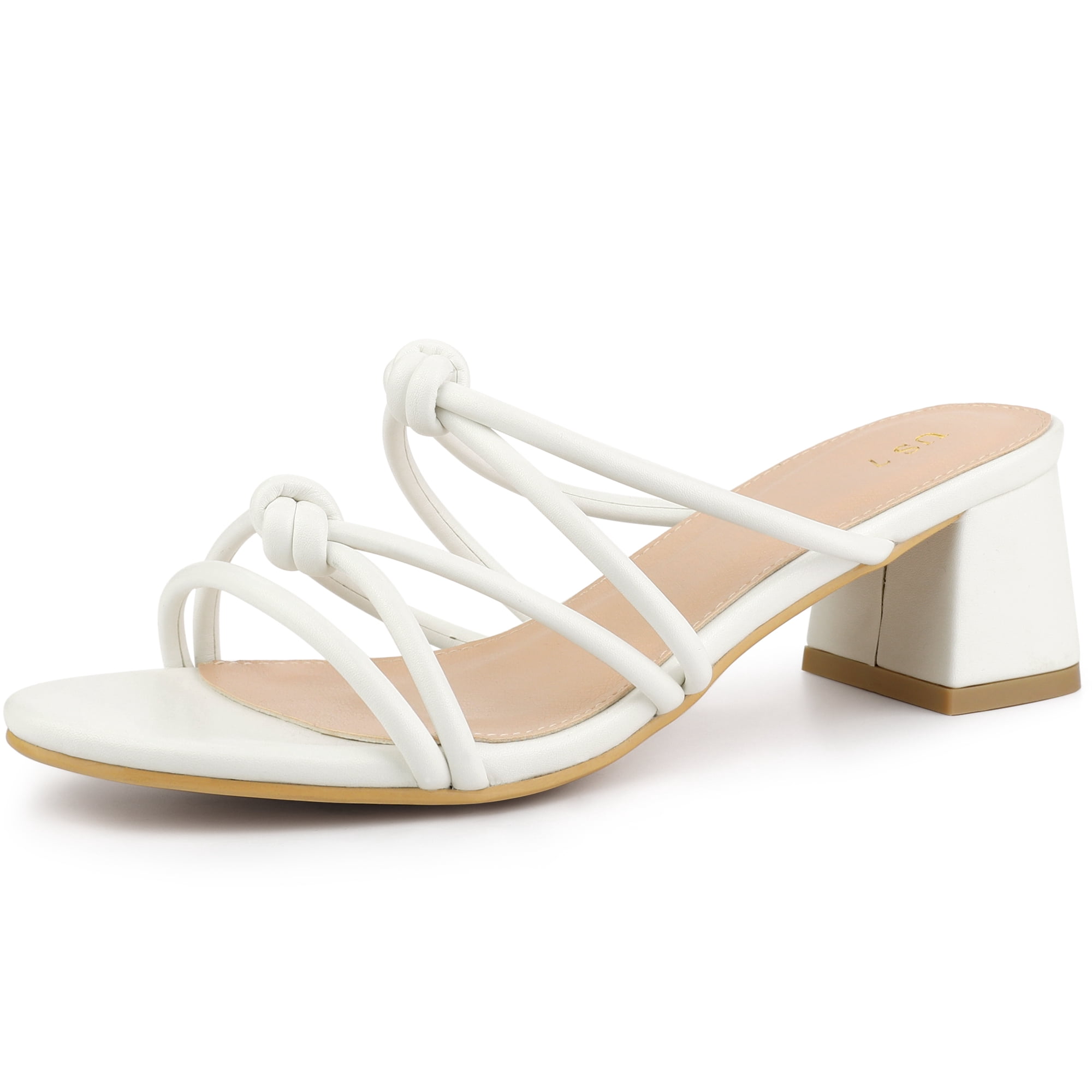 DARING DIVA Women's Strappy Knotted Block Heel Black Heels Slides Sandals White 8