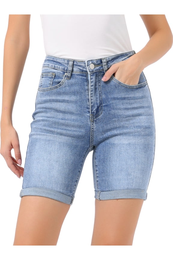 Women's Stretchy Mid Rise Causal Denim Bermuda Shorts Medium Sky Blue