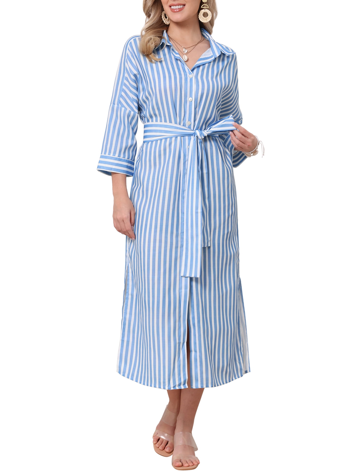 DARING DIVA Women's Stripe 3/4 Sleeve Button Down Split Belted Midi Shirtdress L Blue