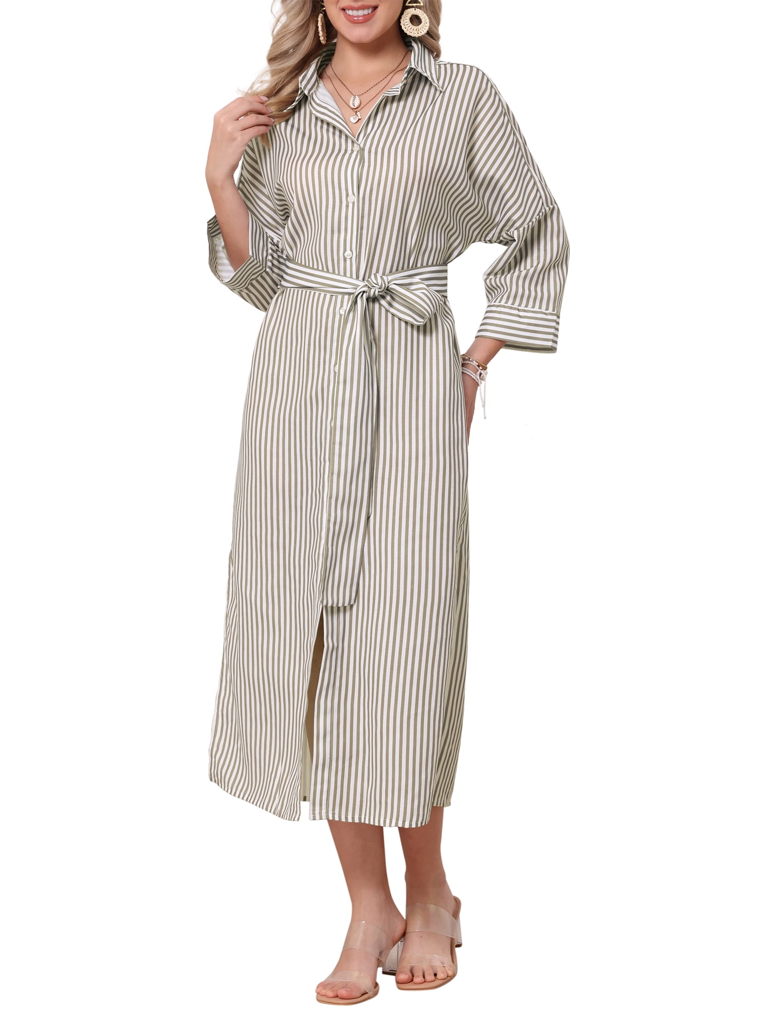 DARING DIVA Women's Stripe 3/4 Sleeve Button Down Split Belted Midi Shirtdress S Khaki