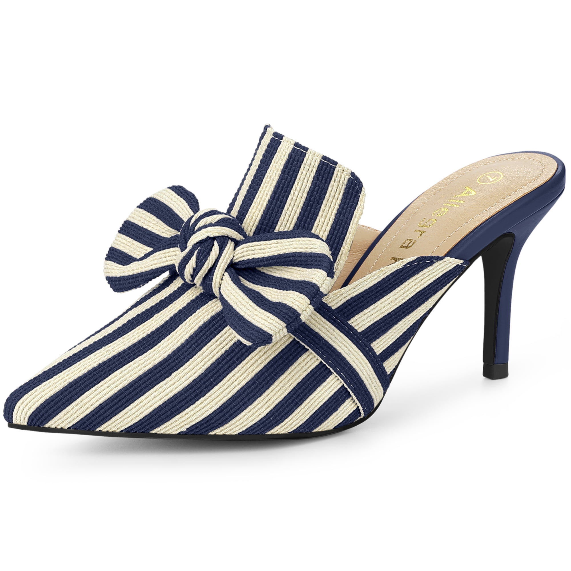 DARING DIVA Women's Stripe Bow Slip on Stiletto Heel Slides Mules Deep Blue 11