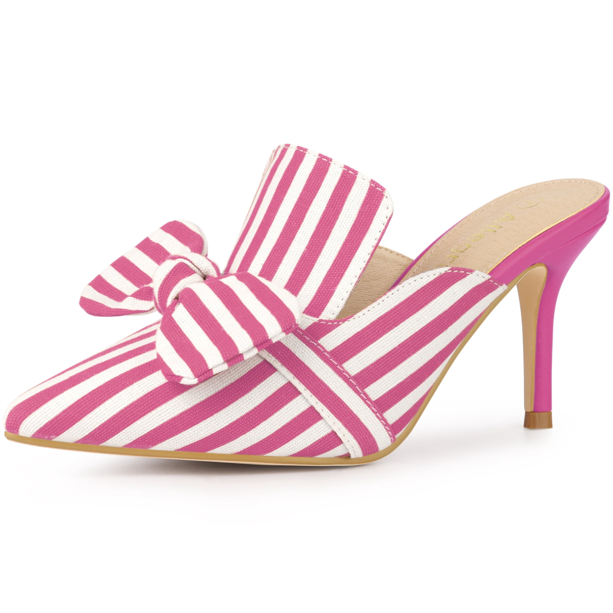 DARING DIVA Women's Stripe Bow Slip on Stiletto Heel Slides Mules Hot Pink 8