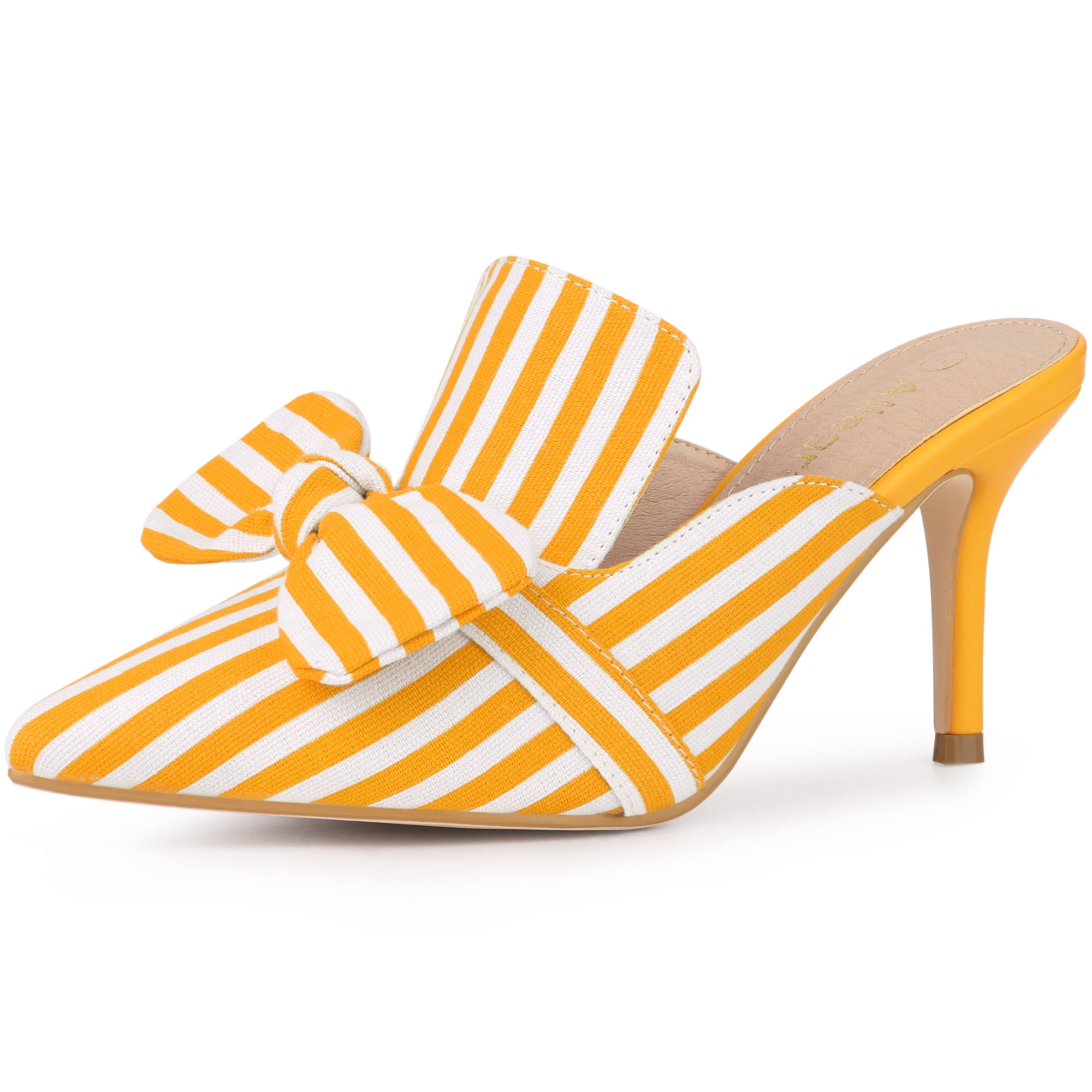 DARING DIVA Women's Stripe Bow Slip on Stiletto Heel Slides Mules Yellow 7