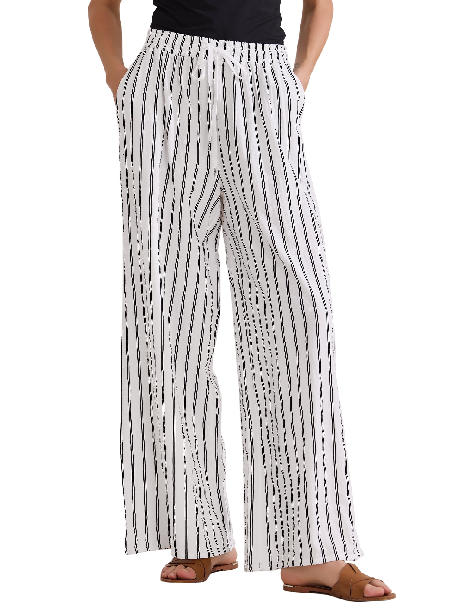 DARING DIVA Women's Stripe Casual Drawstring Wide Leg High Waist Pants L White
