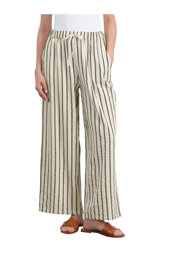 Women's Stripe Casual Drawstring Wide Leg High Waist Pants S Beige