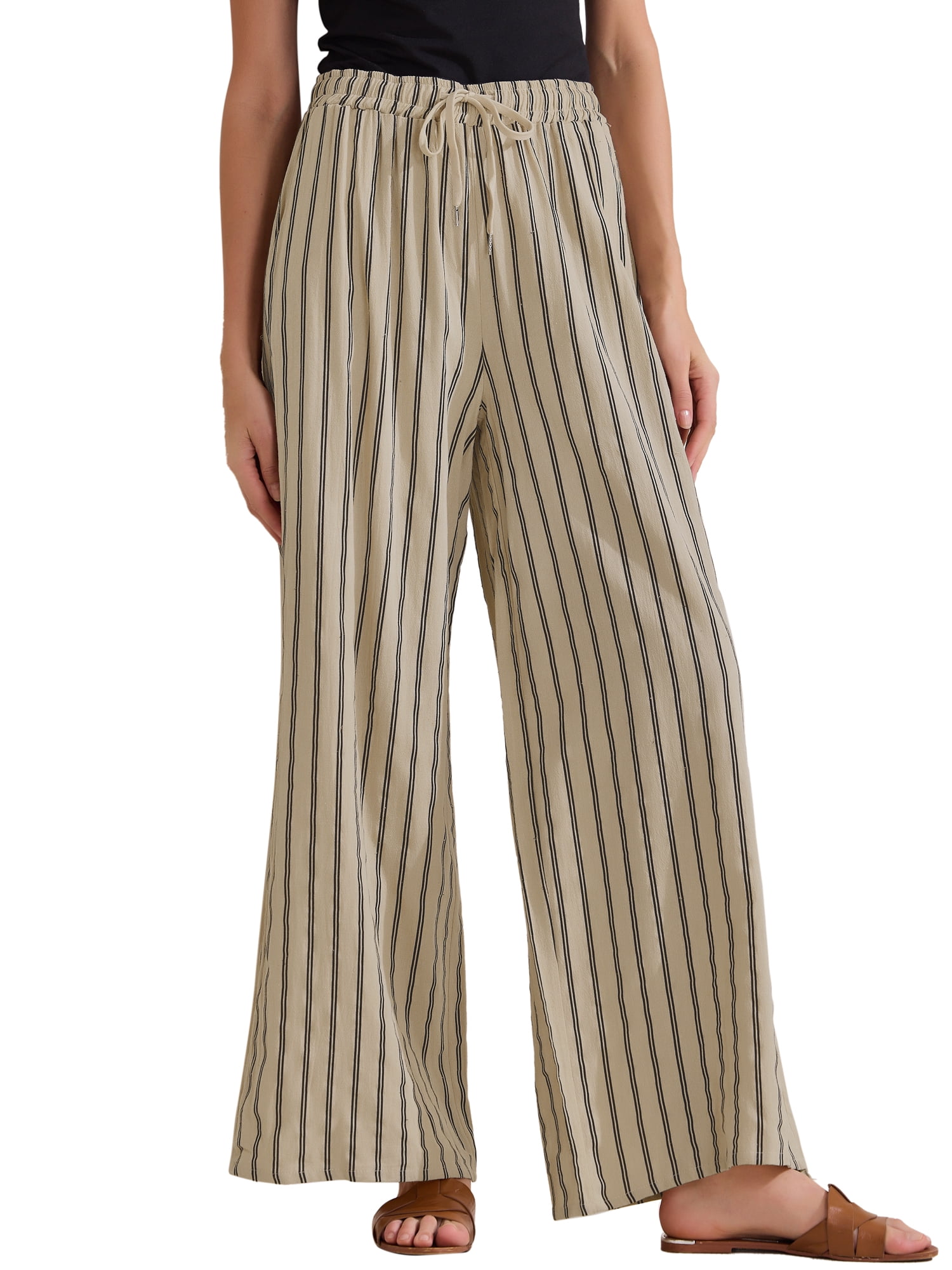 DARING DIVA Women's Stripe Casual Drawstring Wide Leg High Waist Pants S Camel