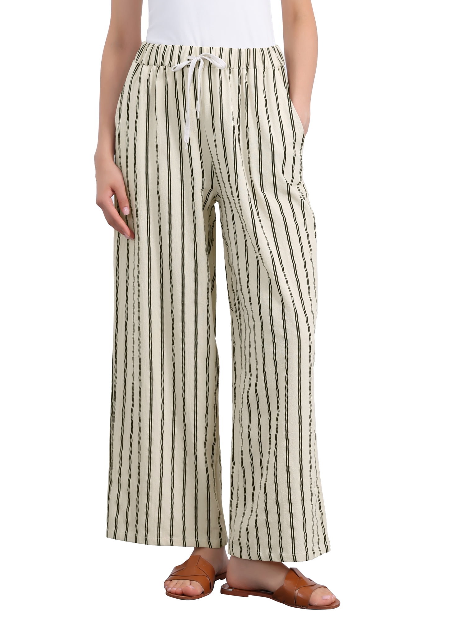 DARING DIVA Women's Stripe Casual Drawstring Wide Leg High Waist Pants XL Beige