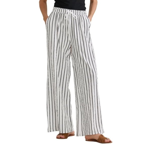 DARING DIVA Women's Stripe Casual Drawstring Wide Leg High Waist Pants XS White