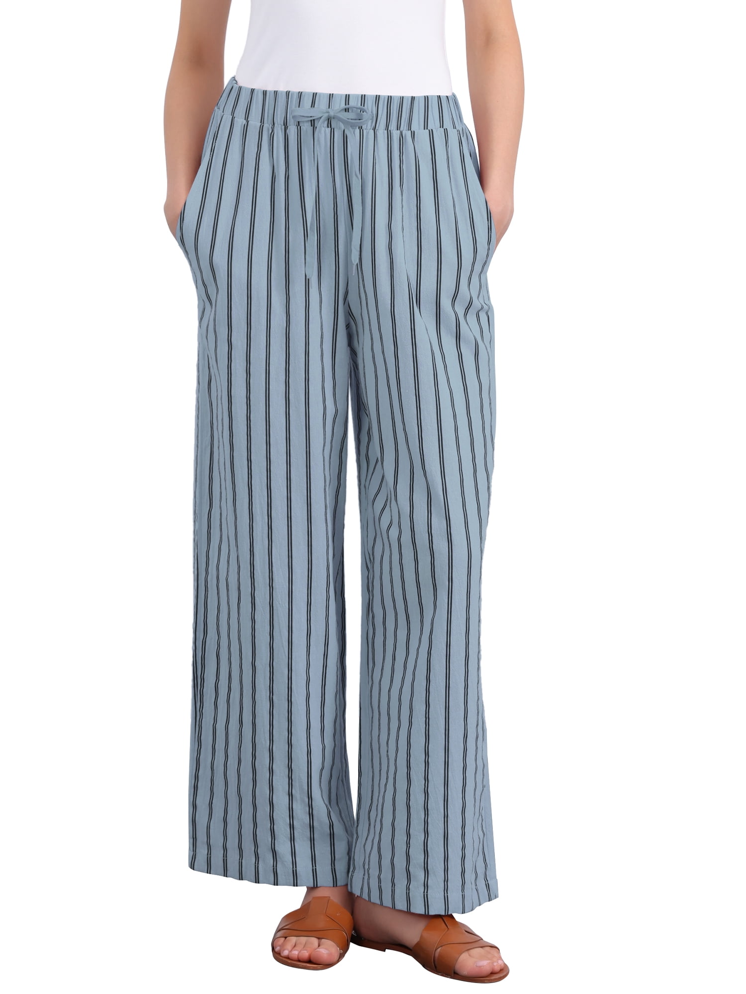 DARING DIVA Women's Stripe Casual Wide Leg High Waist Pants Large Blue