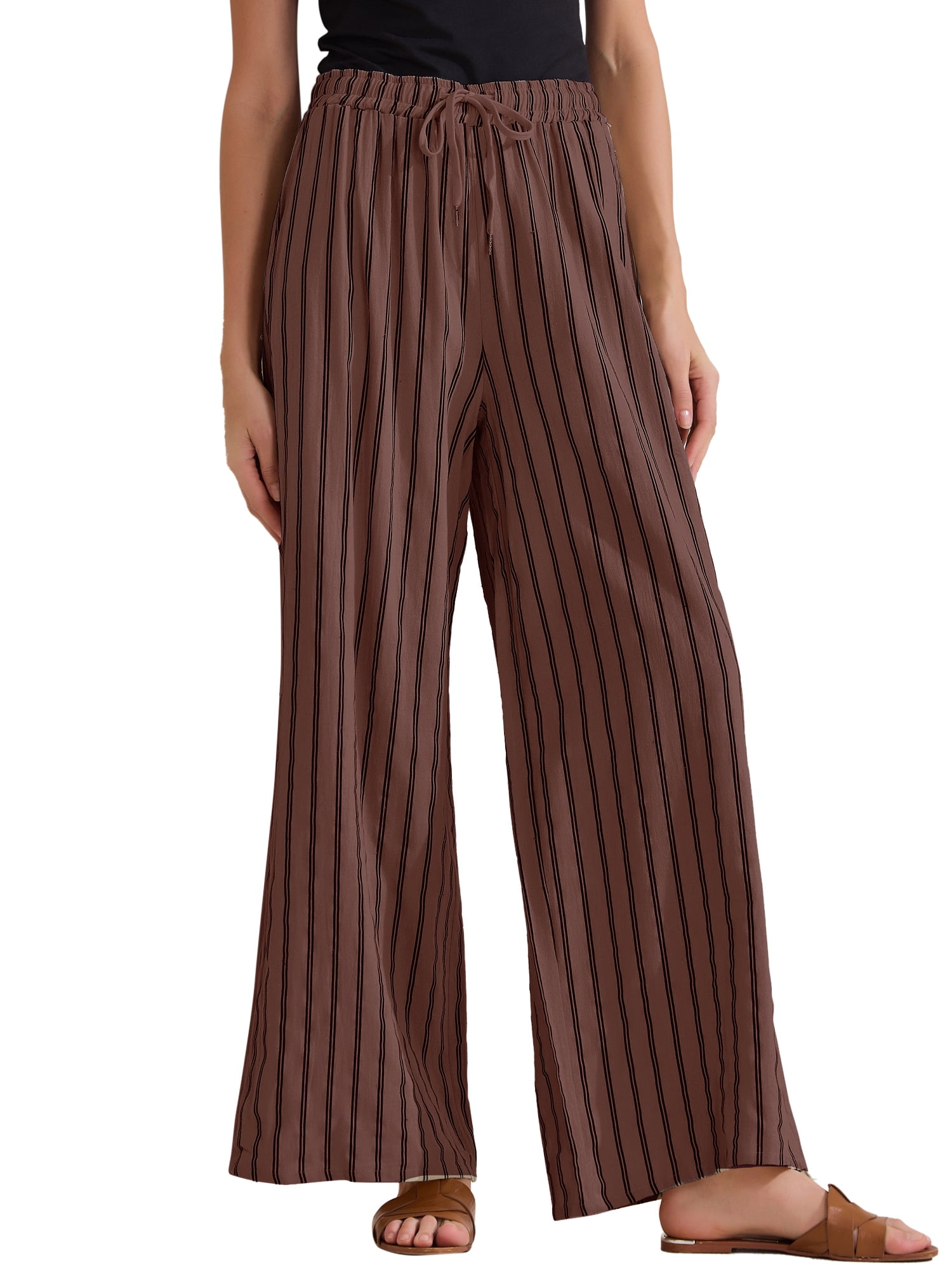 DARING DIVA Women's Stripe Casual Wide Leg High Waist Pants Medium Brown