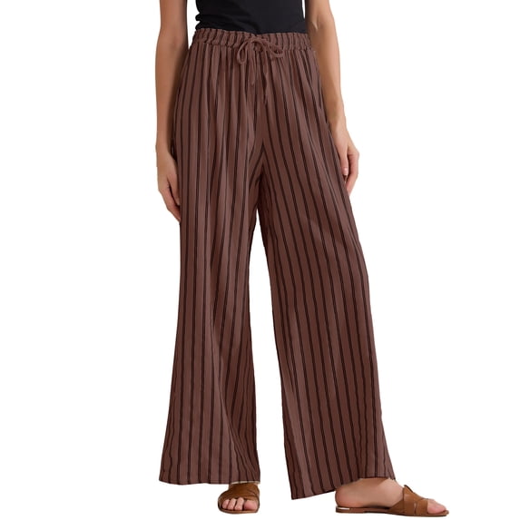 DARING DIVA Women's Stripe Casual Wide Leg High Waist Pants X-Large Brown