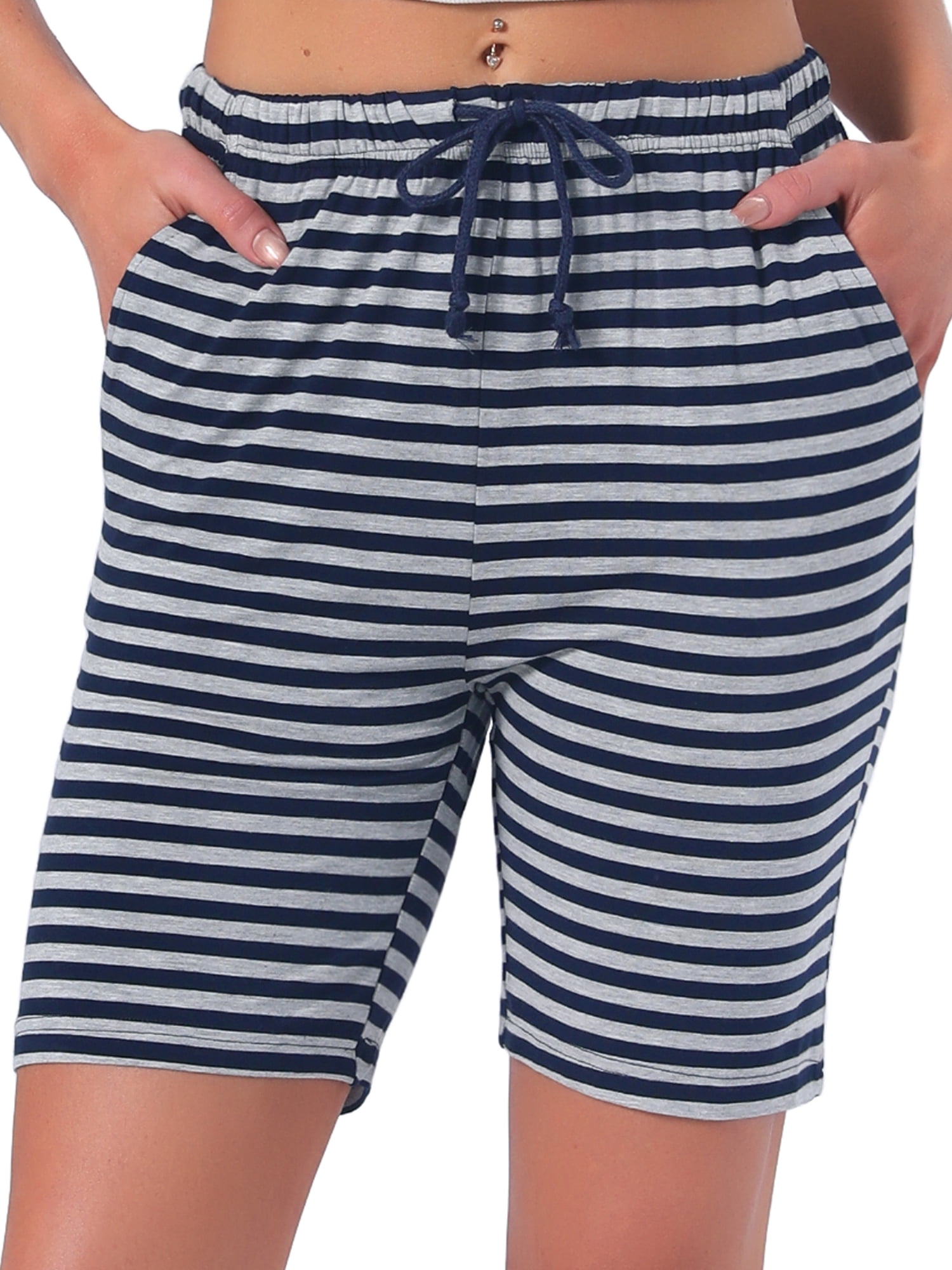 DARING DIVA Women's Stripe Soft Lightweight Elastic Drawstring Bottoms M Black