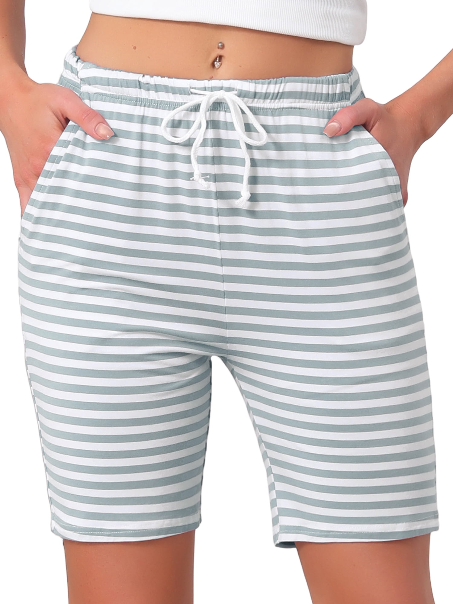 DARING DIVA Women's Stripe Soft Lightweight Elastic Drawstring Bottoms M Gray Green