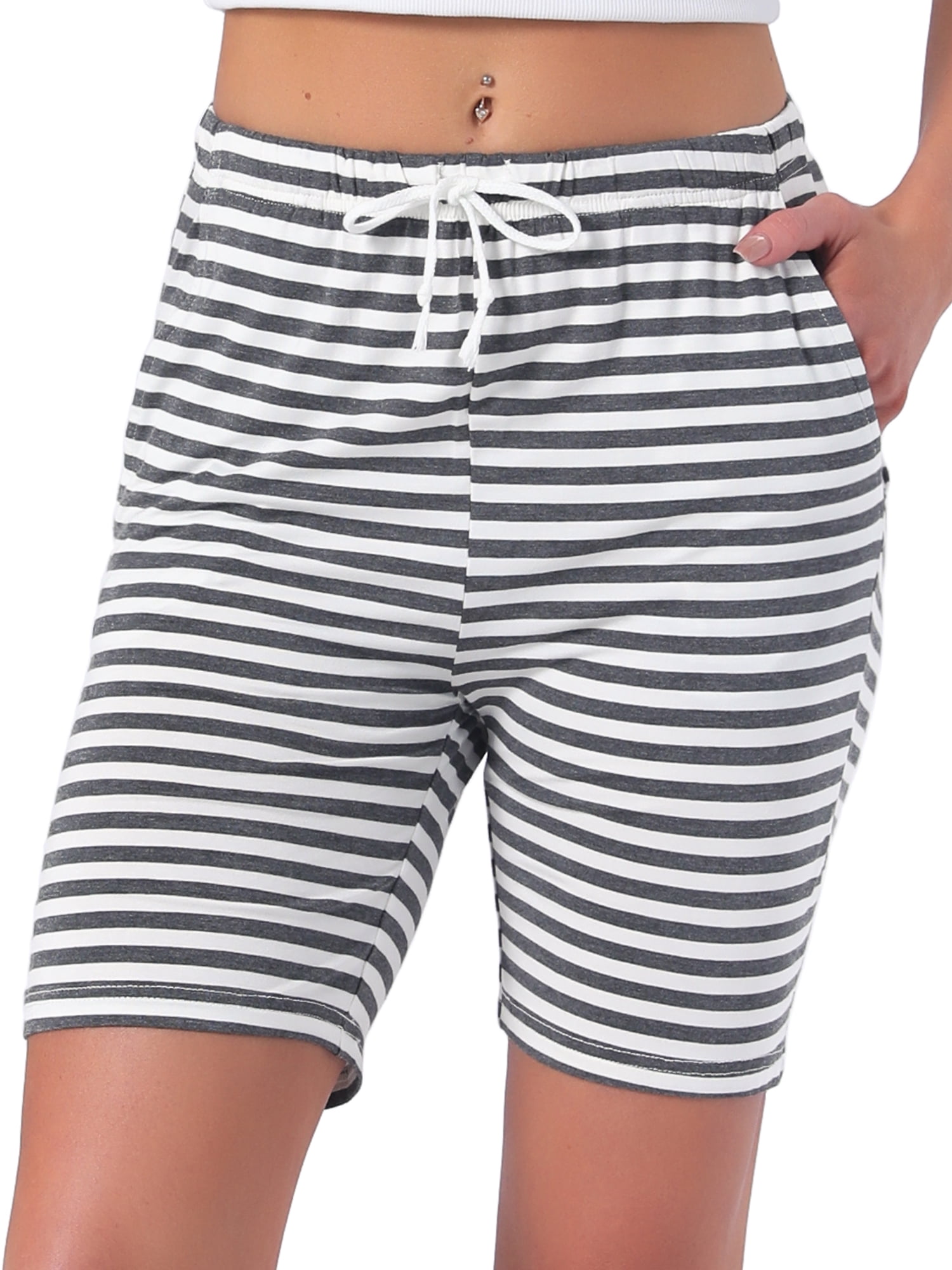 DARING DIVA Women's Stripe Soft Lightweight Elastic Drawstring Bottoms M Gray