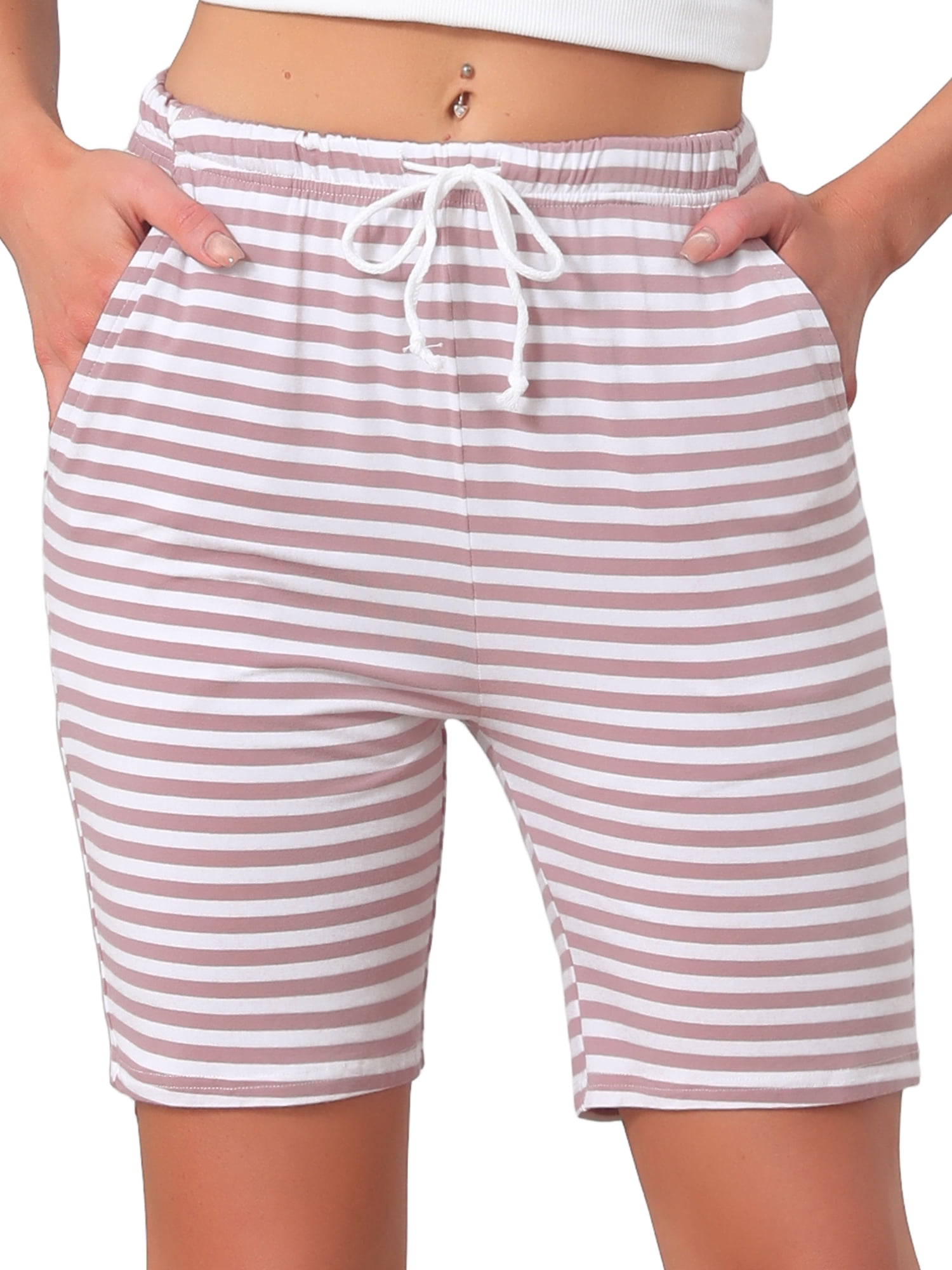 DARING DIVA Women's Stripe Soft Lightweight Elastic Drawstring Bottoms S Pink