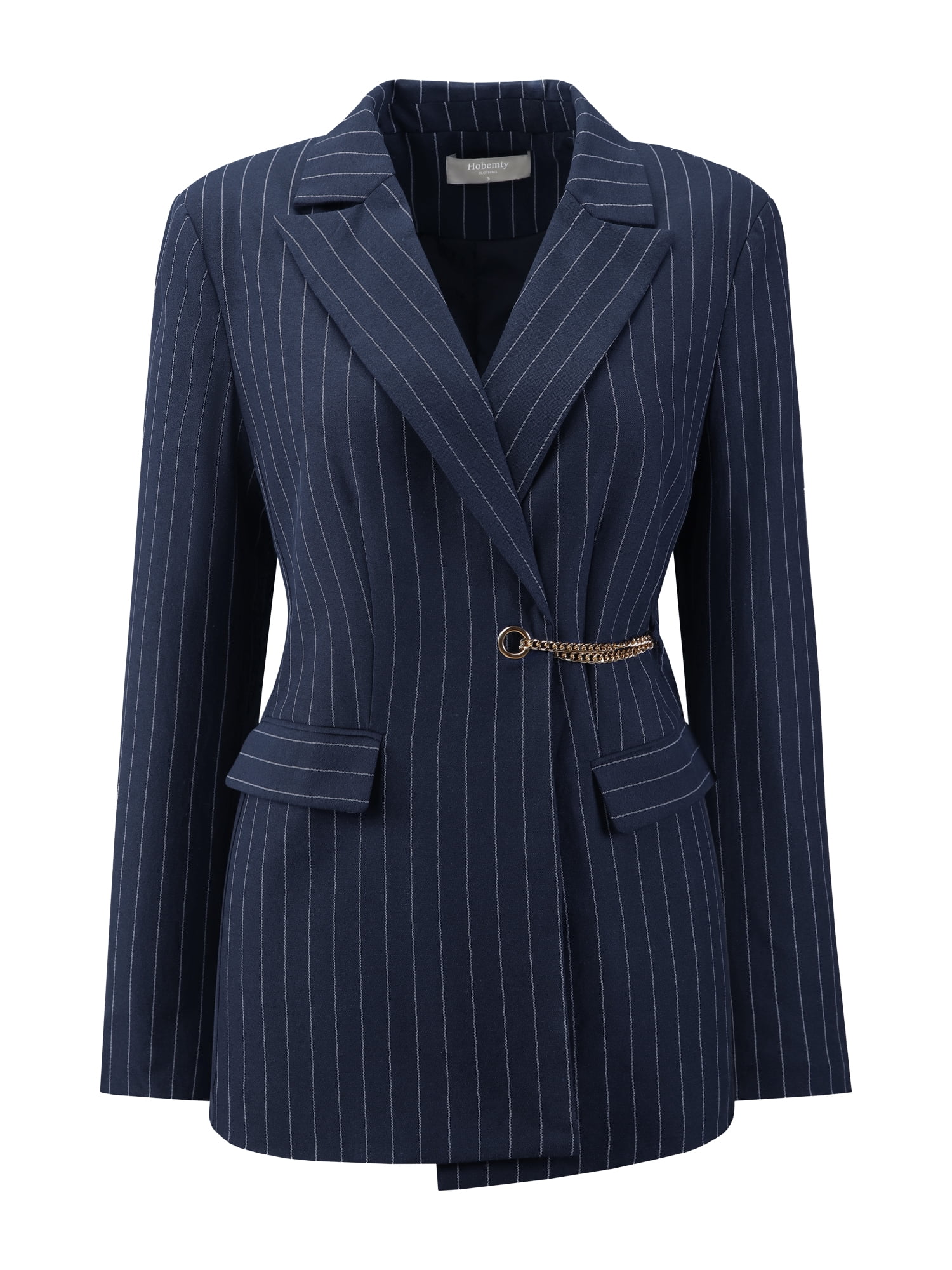 DARING DIVA Women's Striped Lapel Collar Chain Decor Long Sleeve Blazer L Navy Blue