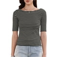 thumbnail image 1 of DARING DIVA Women's Striped Boat Neck Half Sleeve Tops Slim Fit rendy Outfits L Black, 1 of 6