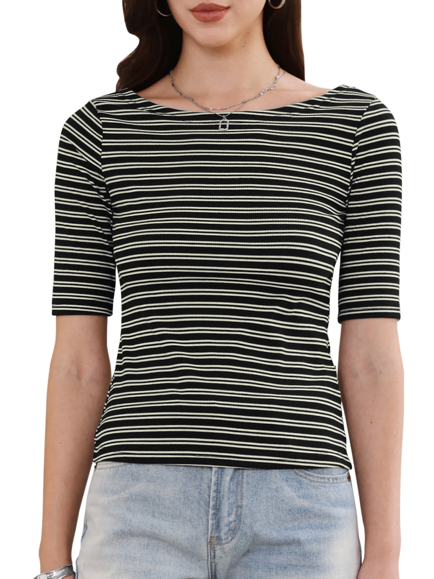 DARING DIVA Women's Striped Boat Neck Half Sleeve Tops Slim Fit rendy Outfits M Black