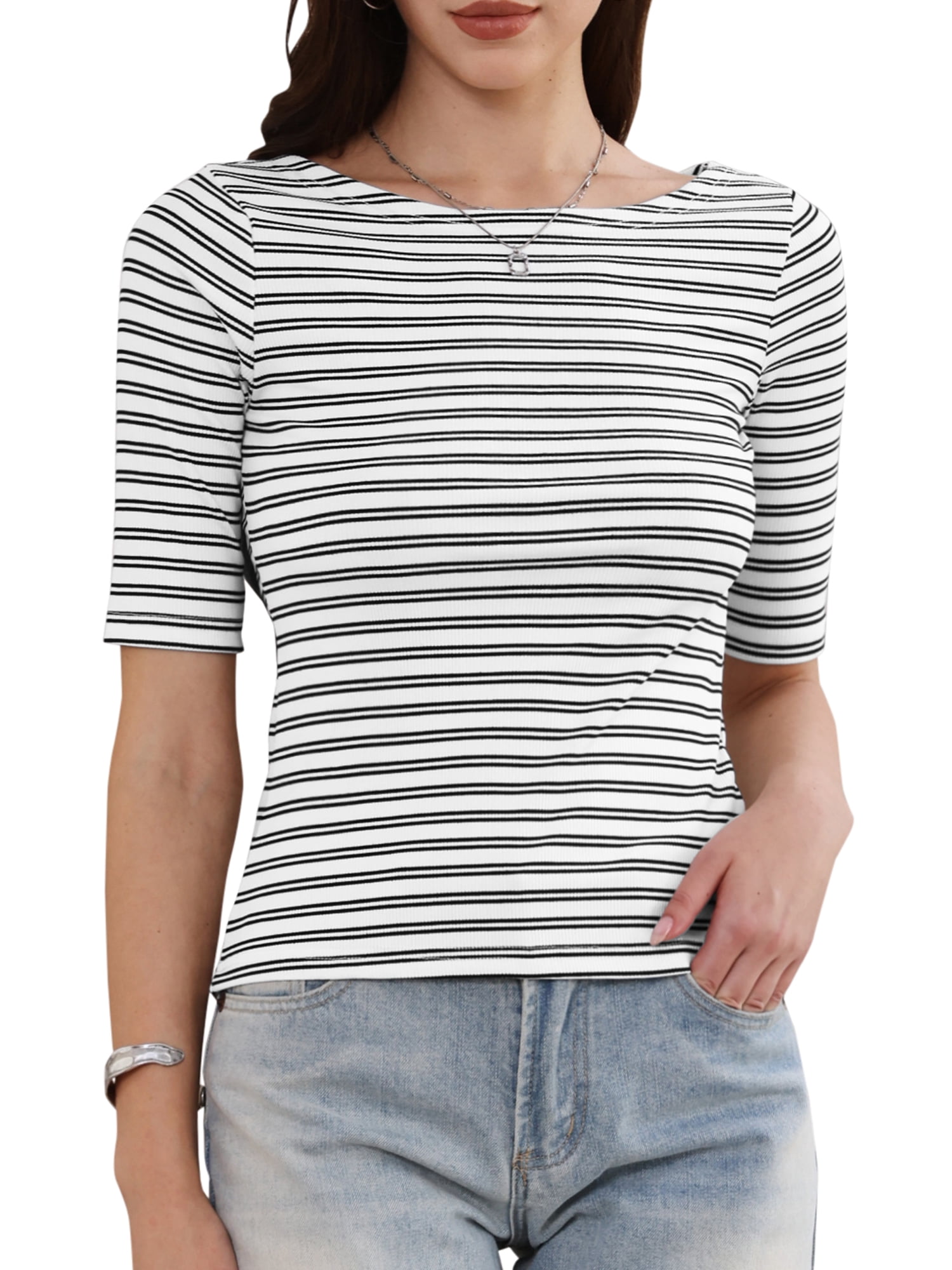 DARING DIVA Women's Striped Boat Neck Half Sleeve Tops Slim Fit rendy Outfits XS White