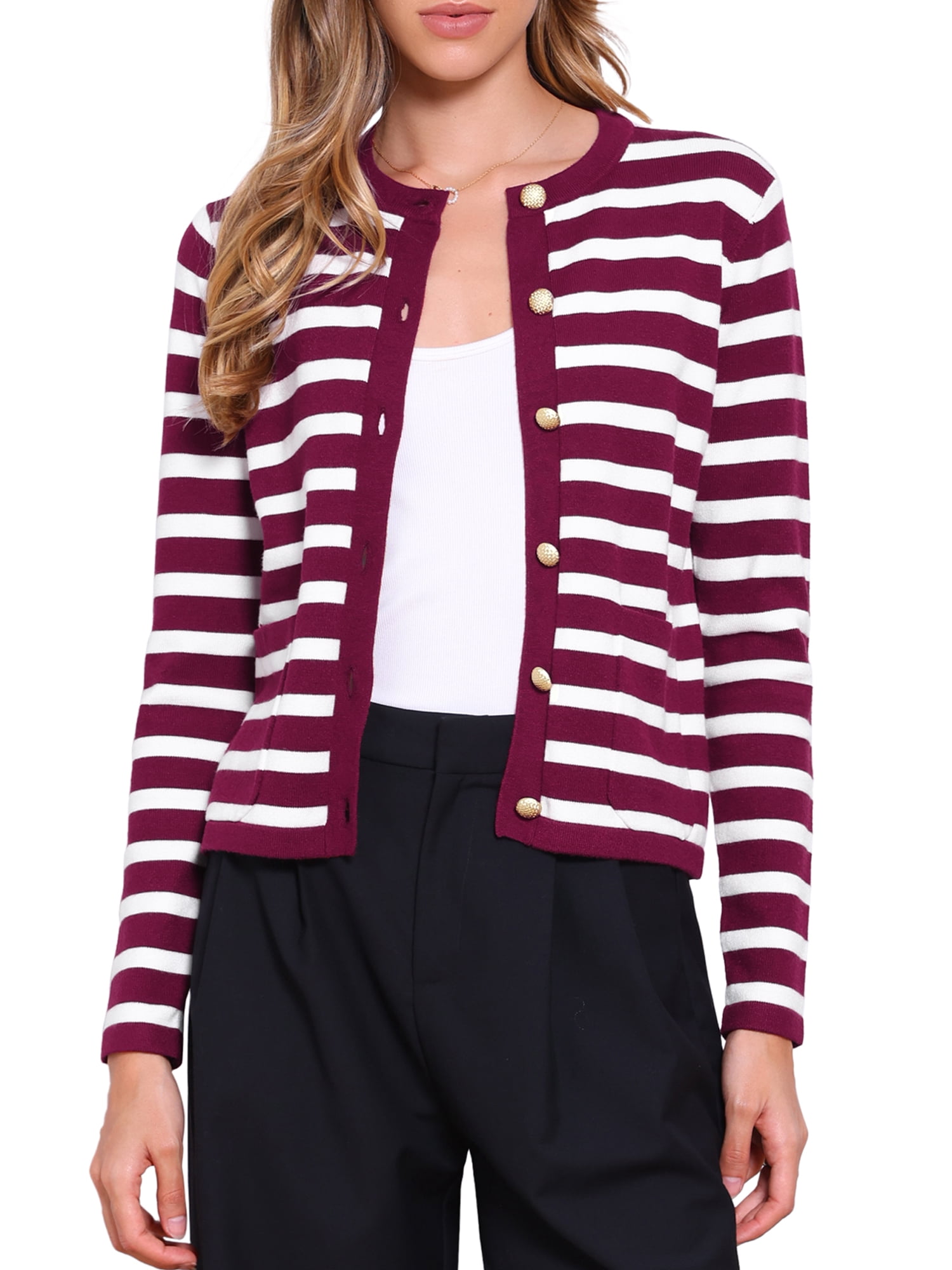 DARING DIVA Women's Striped Button Down Knit Cardigan Sweaters XL Red White
