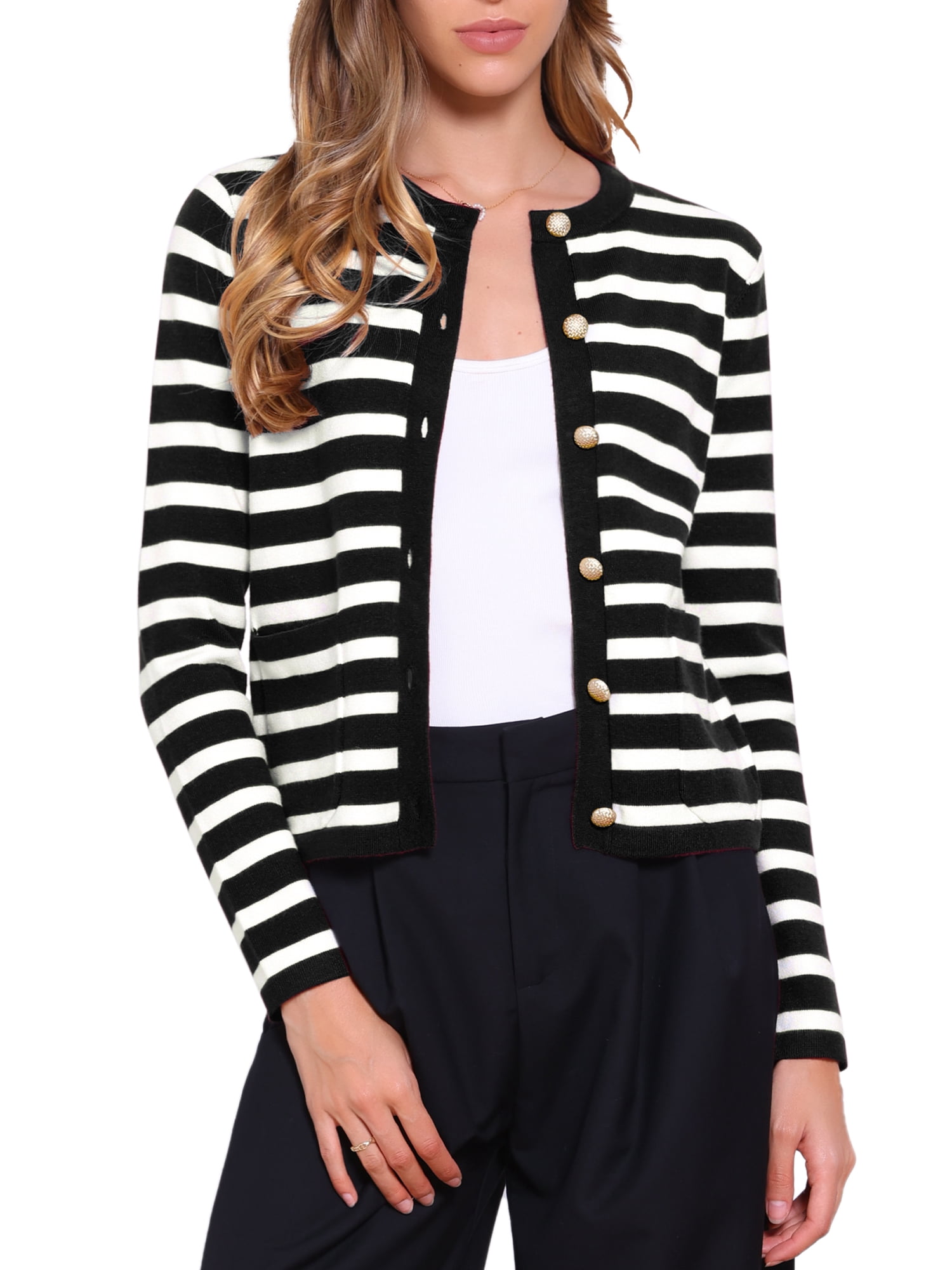 DARING DIVA Women's Striped Button Down Knit Cardigan Sweaters XS Black White
