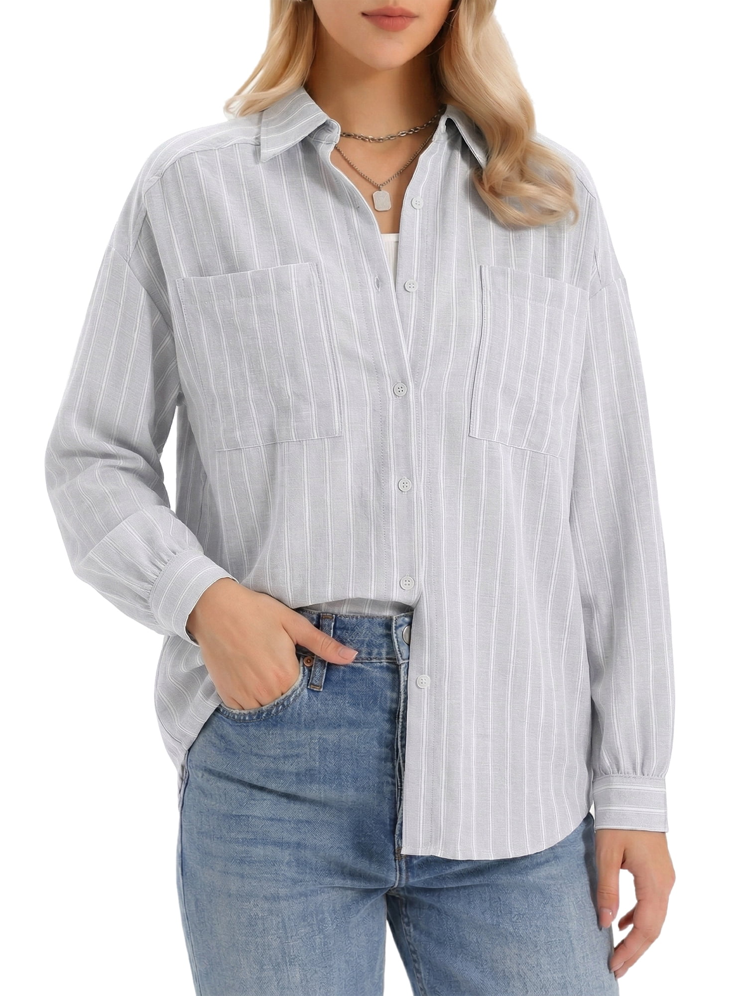 DARING DIVA Women's Striped Button Down Long Sleeve Collared Blouses XS Light Grey