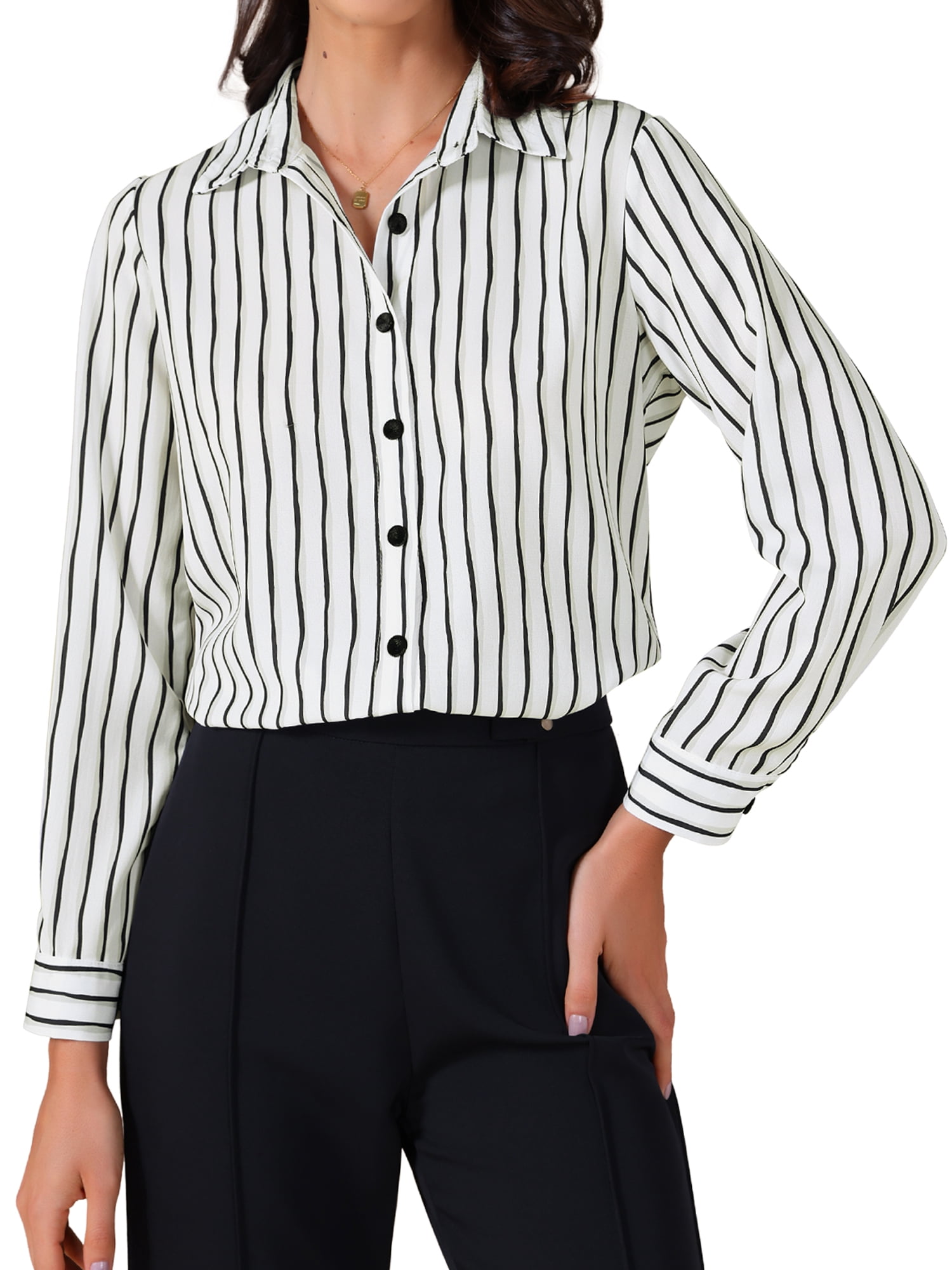 DARING DIVA Women's Striped Button Down Long Sleeve Elegant Work Shirt M White Black
