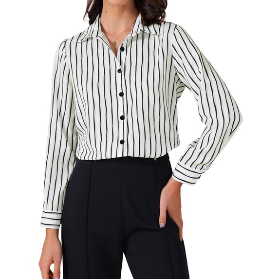 DARING DIVA Women's Striped Button Down Long Sleeve Elegant Work Shirt S White Black