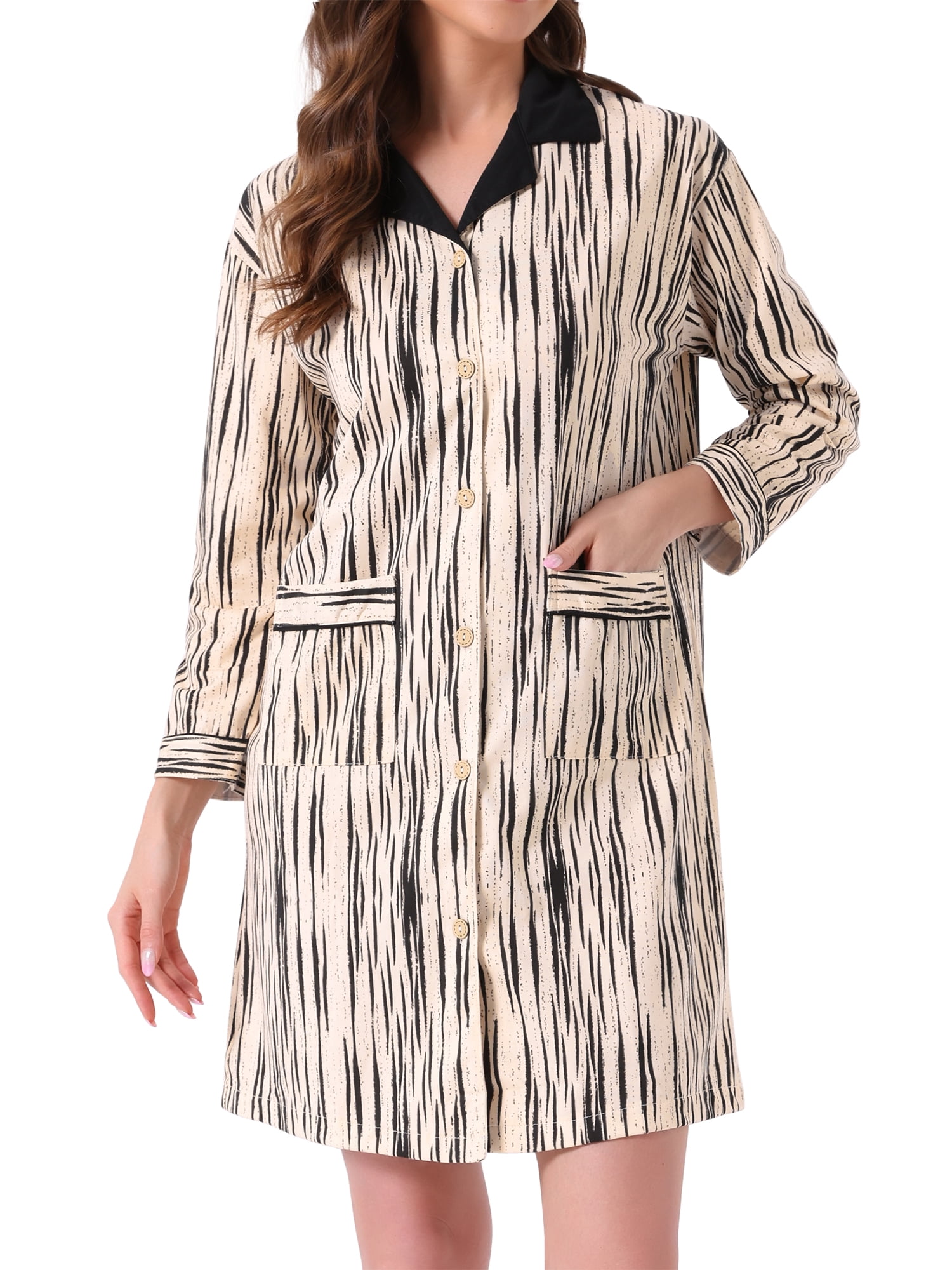 DARING DIVA Women's Striped Button Down Long Sleeve Pajama Dress S Black Stripe