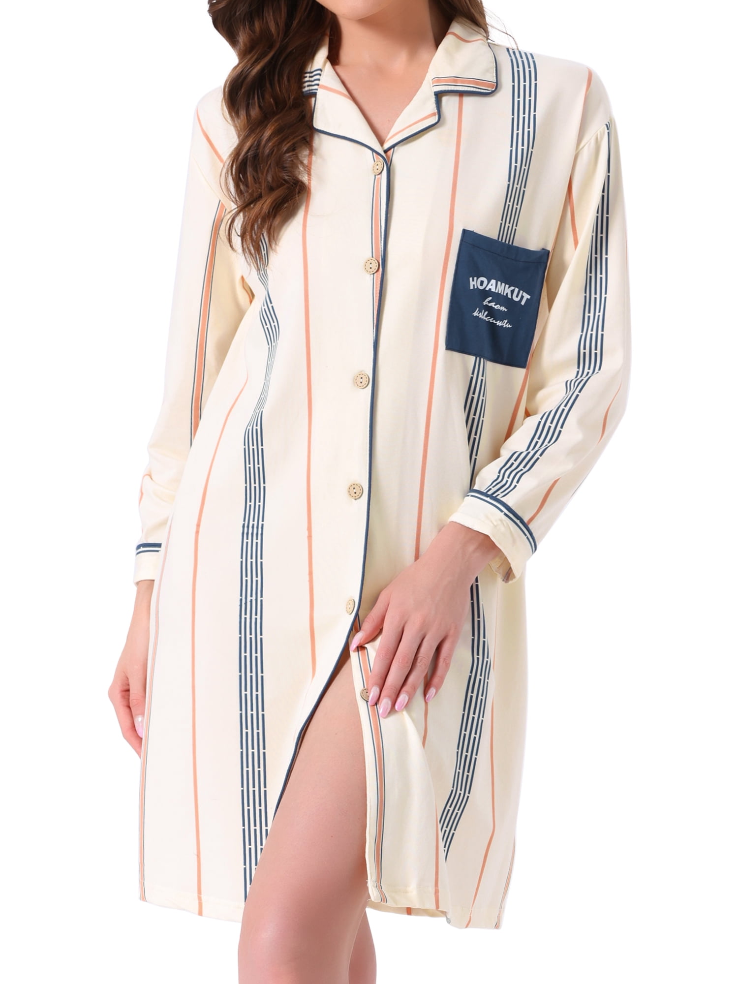 DARING DIVA Women's Striped Button Down Long Sleeve Pajama Dress S Blue Stripe