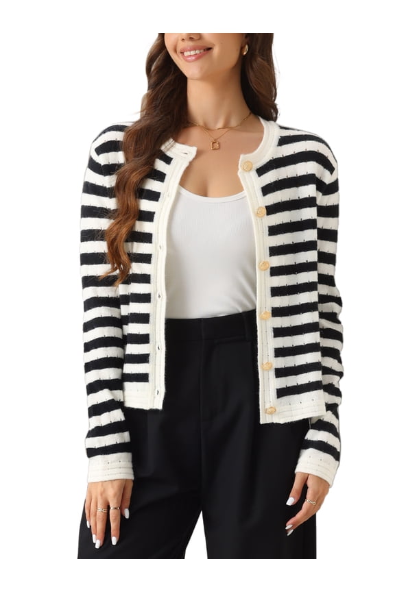 Women's Striped Button Down Open Front Cardigan Sweater M White Black