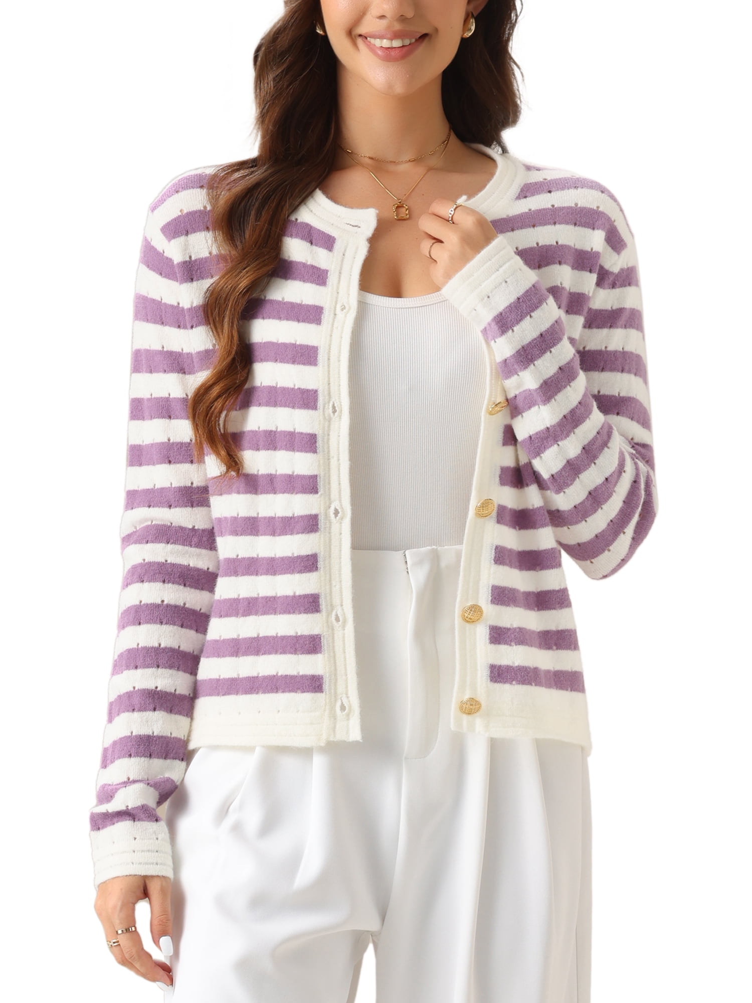 DARING DIVA Women's Striped Button Down Open Front Cardigan Sweater M White Purple