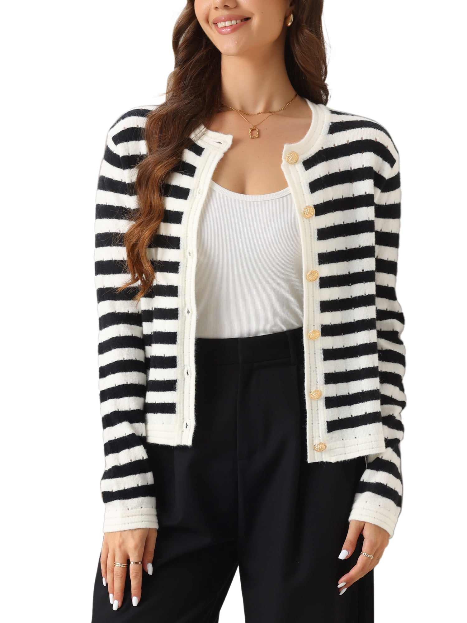 DARING DIVA Women's Striped Button Down Open Front Cardigan Sweater S White Black