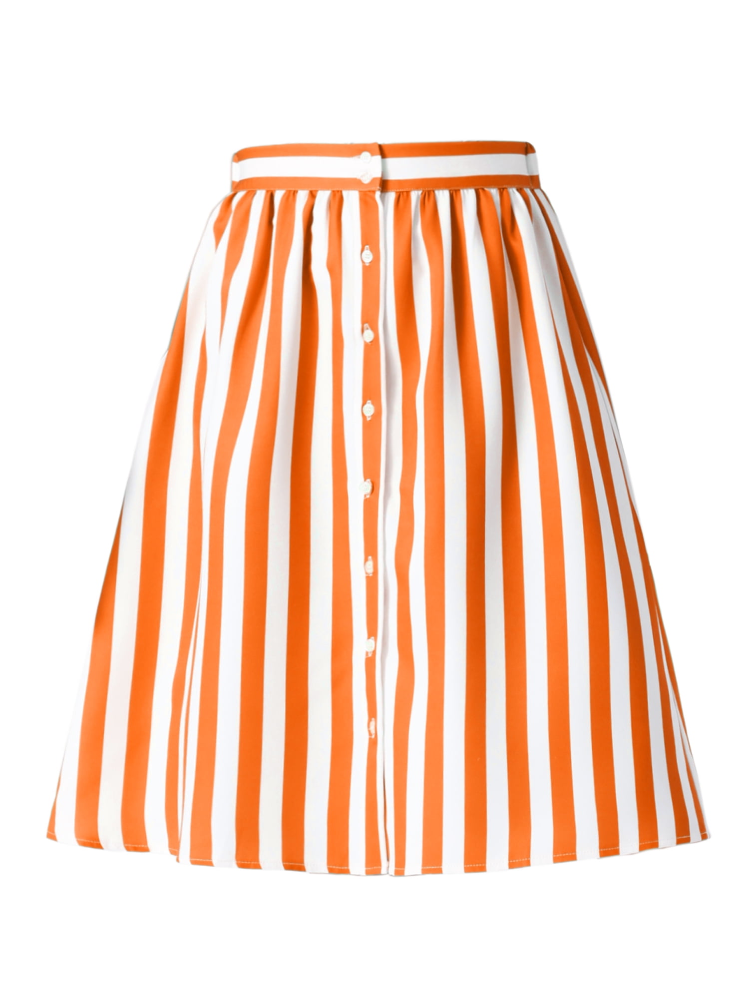 DARING DIVA Women's Striped Button Front Elastic Back Waist A-Line Skirt L Orange
