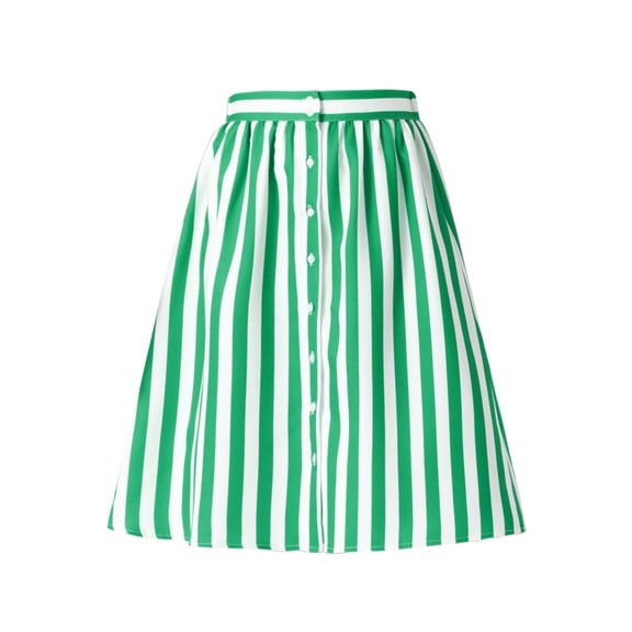 DARING DIVA Women's Striped Button Front Elastic Back Waist A-Line Midi Skirt Medium Green