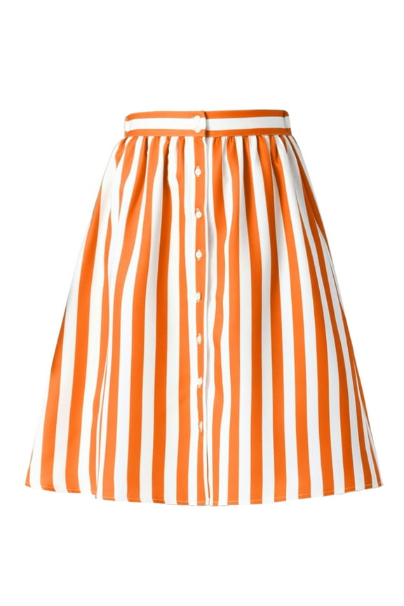 Women's Striped Button Front Elastic Back Waist A-Line Midi Skirt Small Orange
