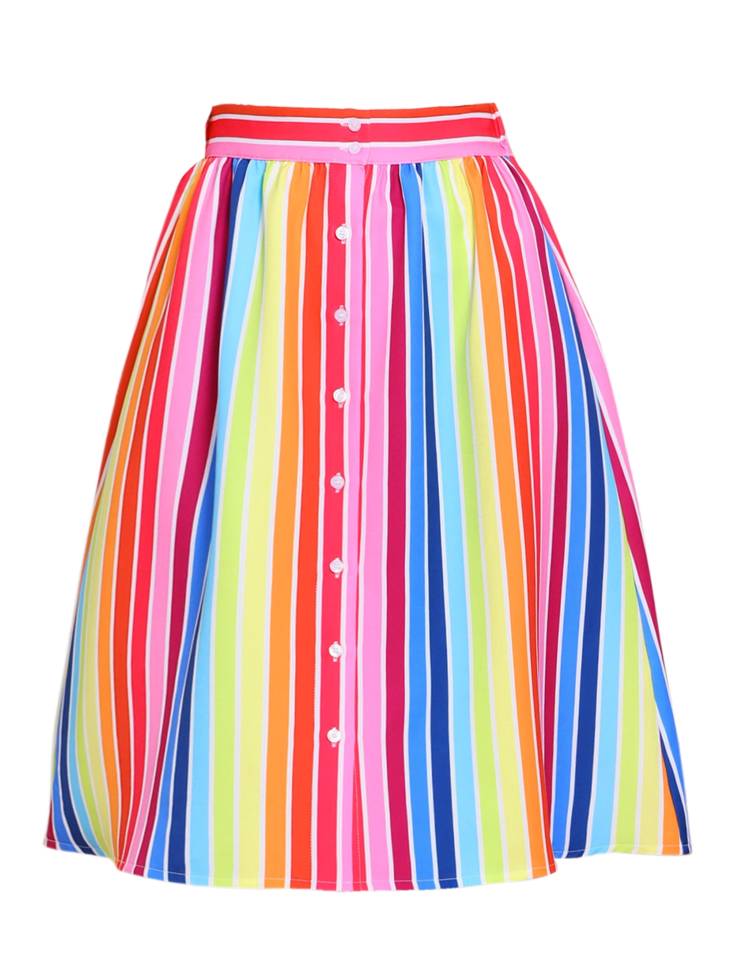 DARING DIVA Women's Striped Button Front Elastic Back Waist A-Line Skirt M Rainbow
