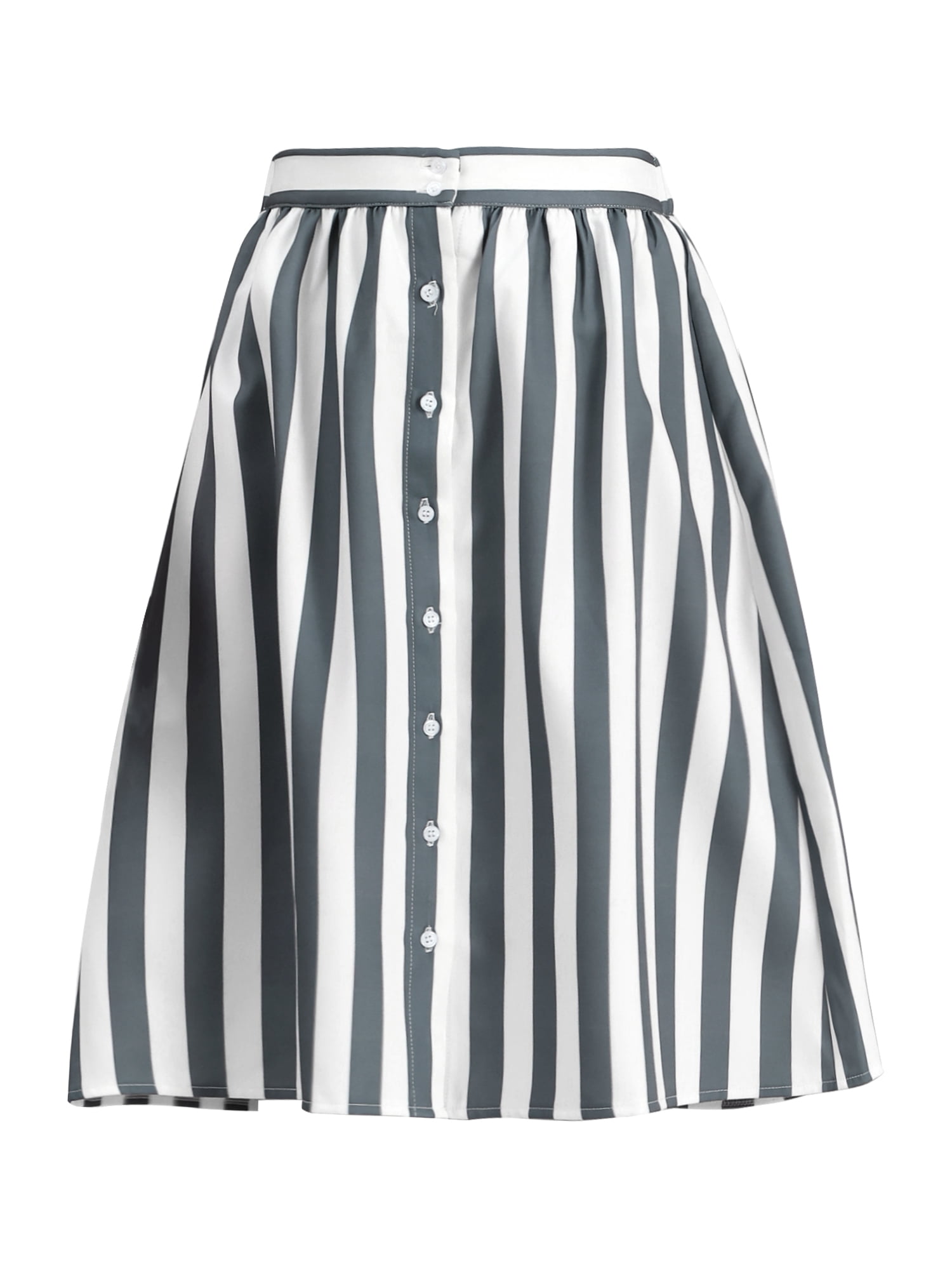 DARING DIVA Women's Striped Button Front Elastic Back Waist A-Line Skirt S Gray