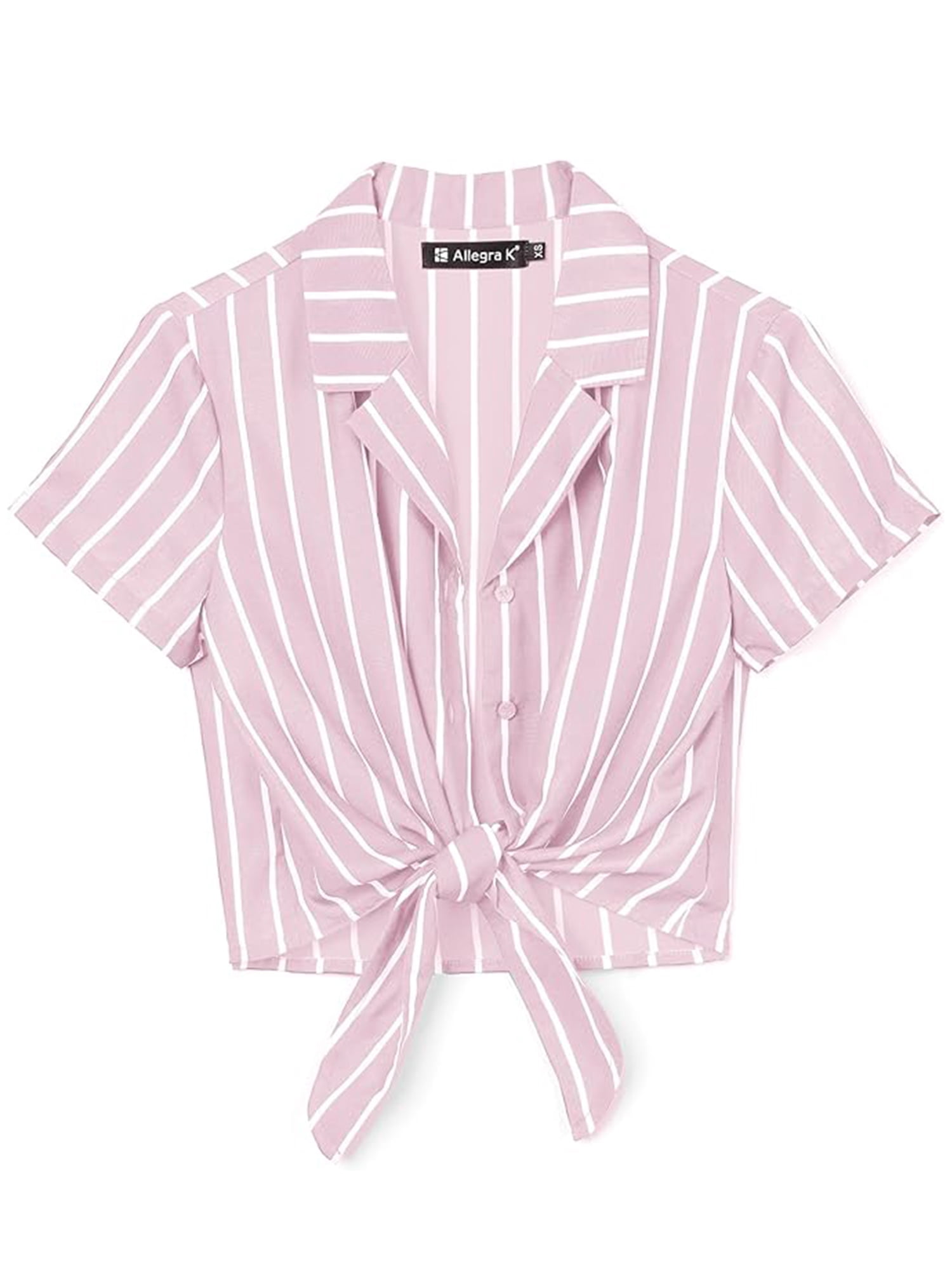 DARING DIVA Women's Striped Button Up Lapel Collar Tie Front Crop Shirt XL Pink Striped