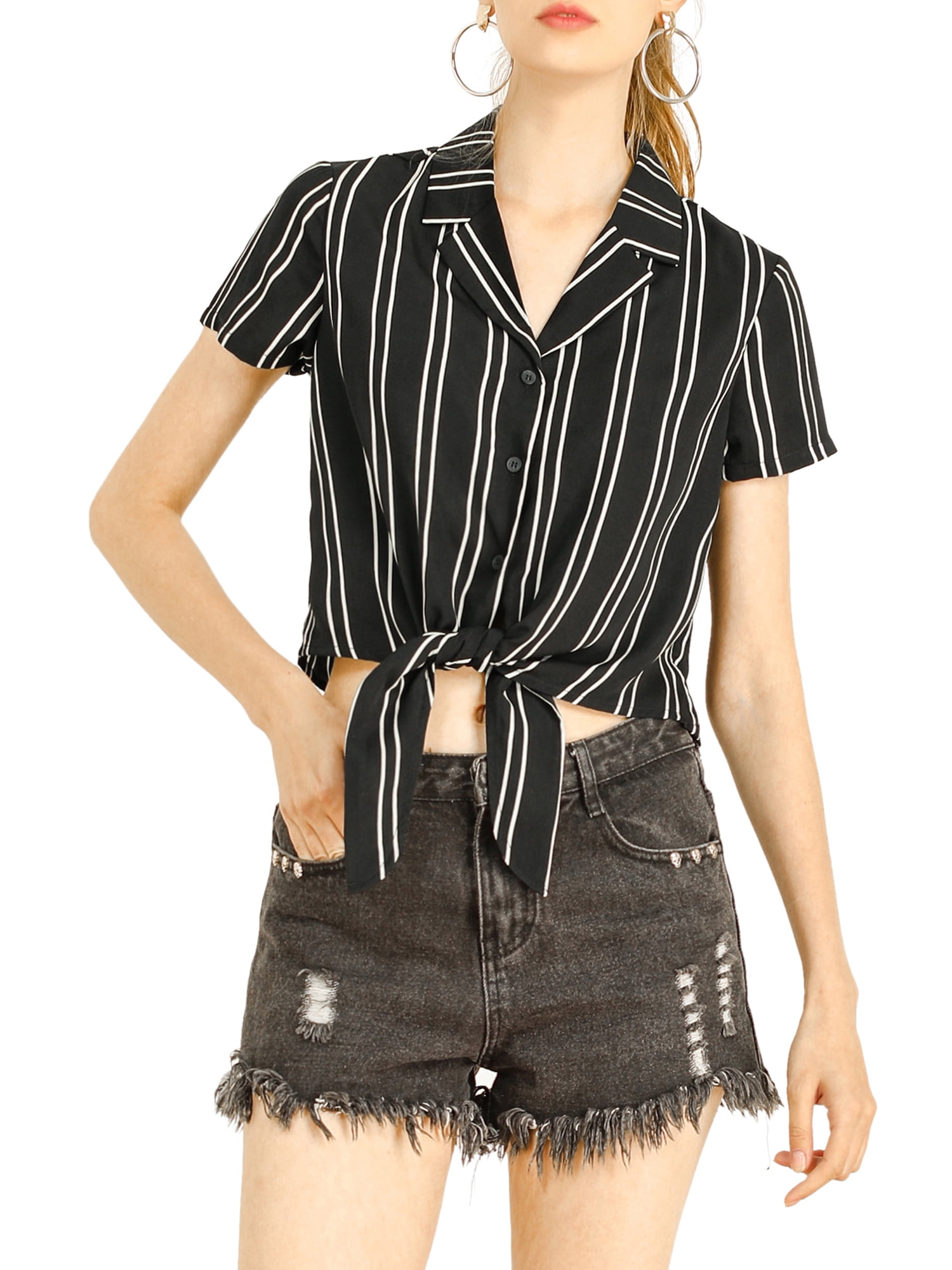 DARING DIVA Women's Striped Button Up Short Sleeve Tie Front Crop Shirt M Black