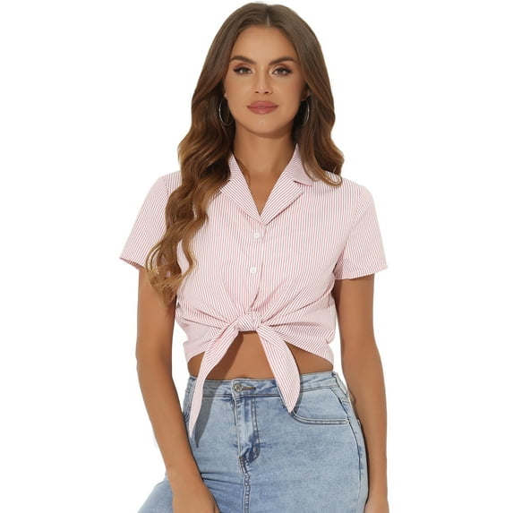 DARING DIVA Women's Striped Button Up Short Sleeve Tie Front Crop Shirt M Pink
