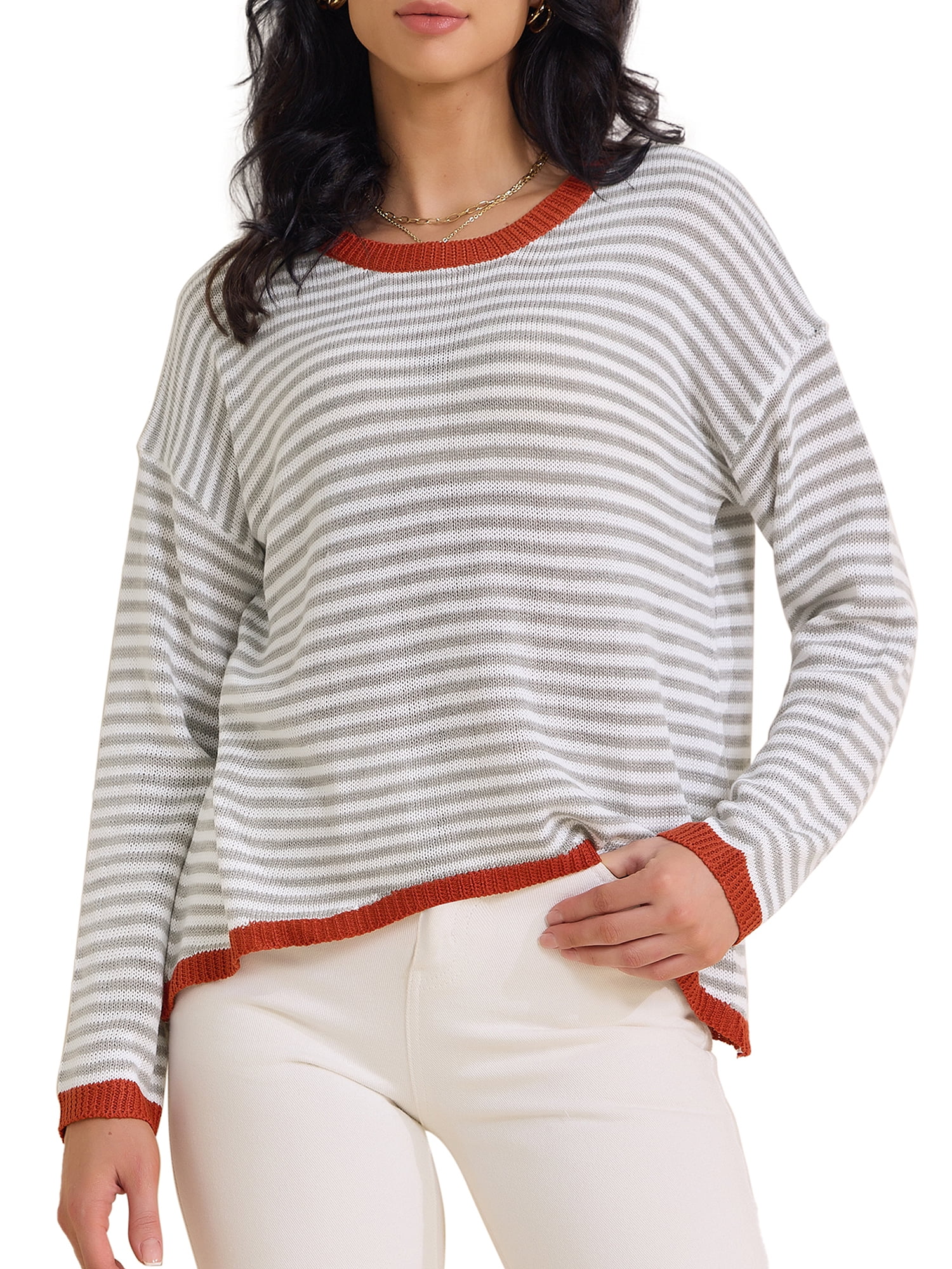 DARING DIVA Women's Striped Crew Neck Loose Knitted Sweatshirts 2XL Light Gray