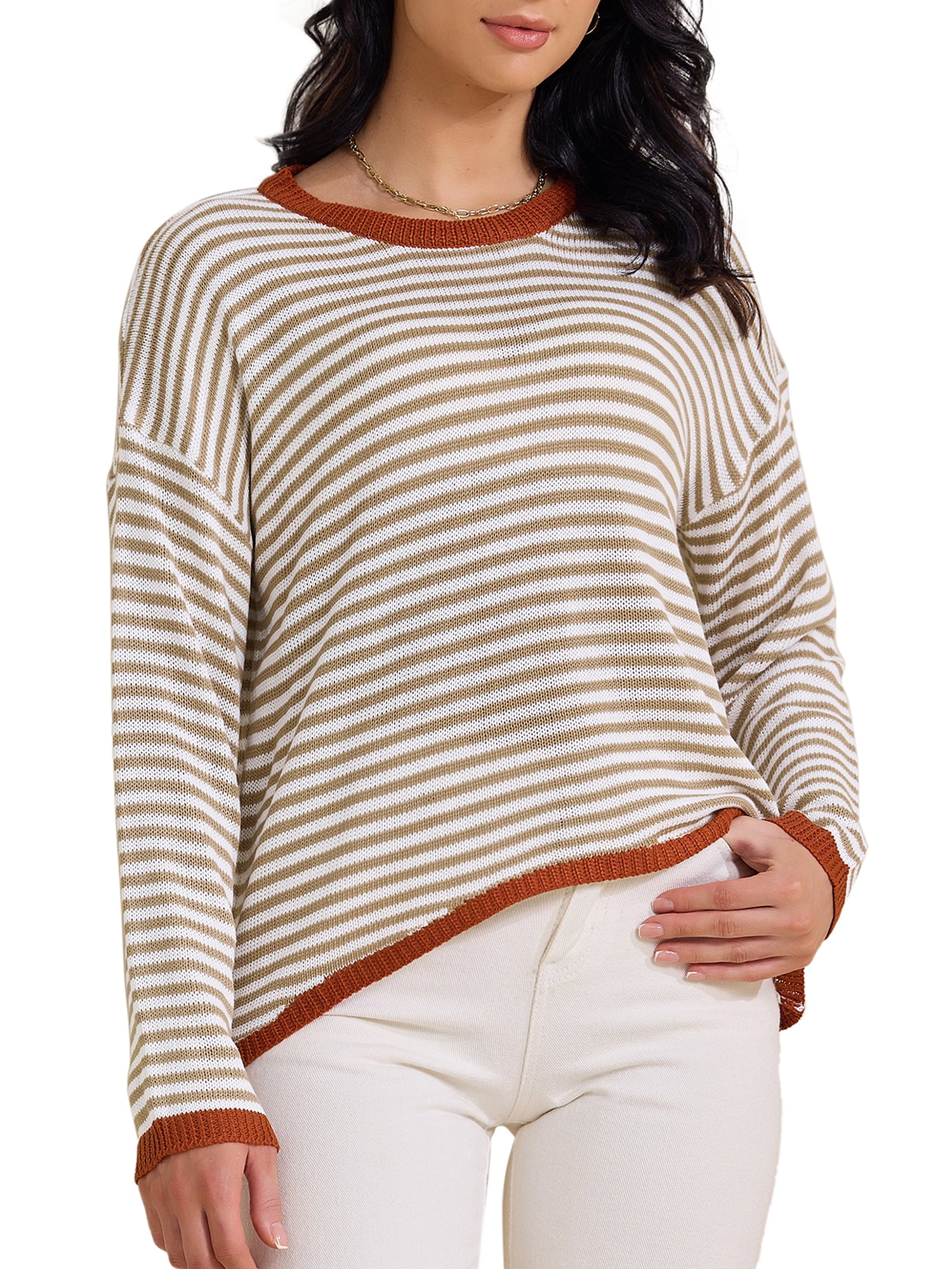 DARING DIVA Women's Striped Crew Neck Loose Knitted Sweatshirts S Khaki