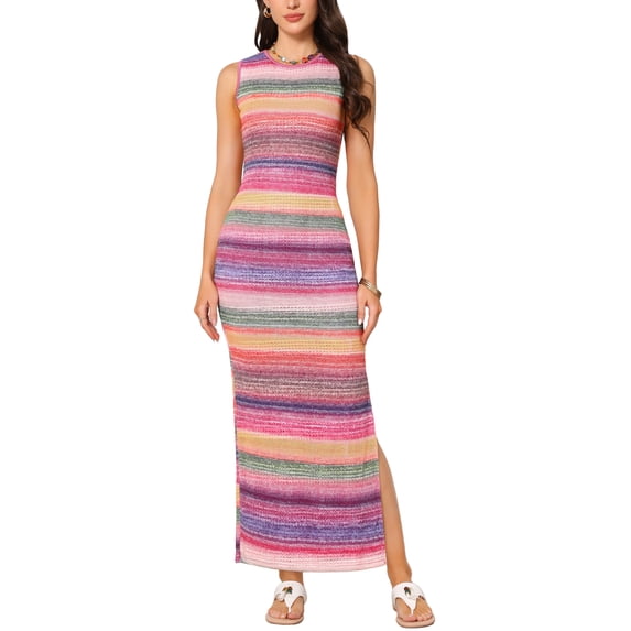 DARING DIVA Women's Striped Crew Neck Side Slit Maxi Dress XS Multicolor
