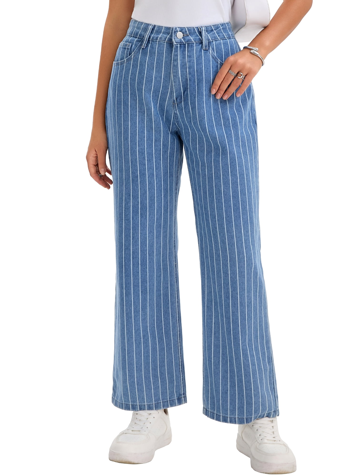 DARING DIVA Women's Striped High Rise Zipper Straight Leg Denim Pants L Blue