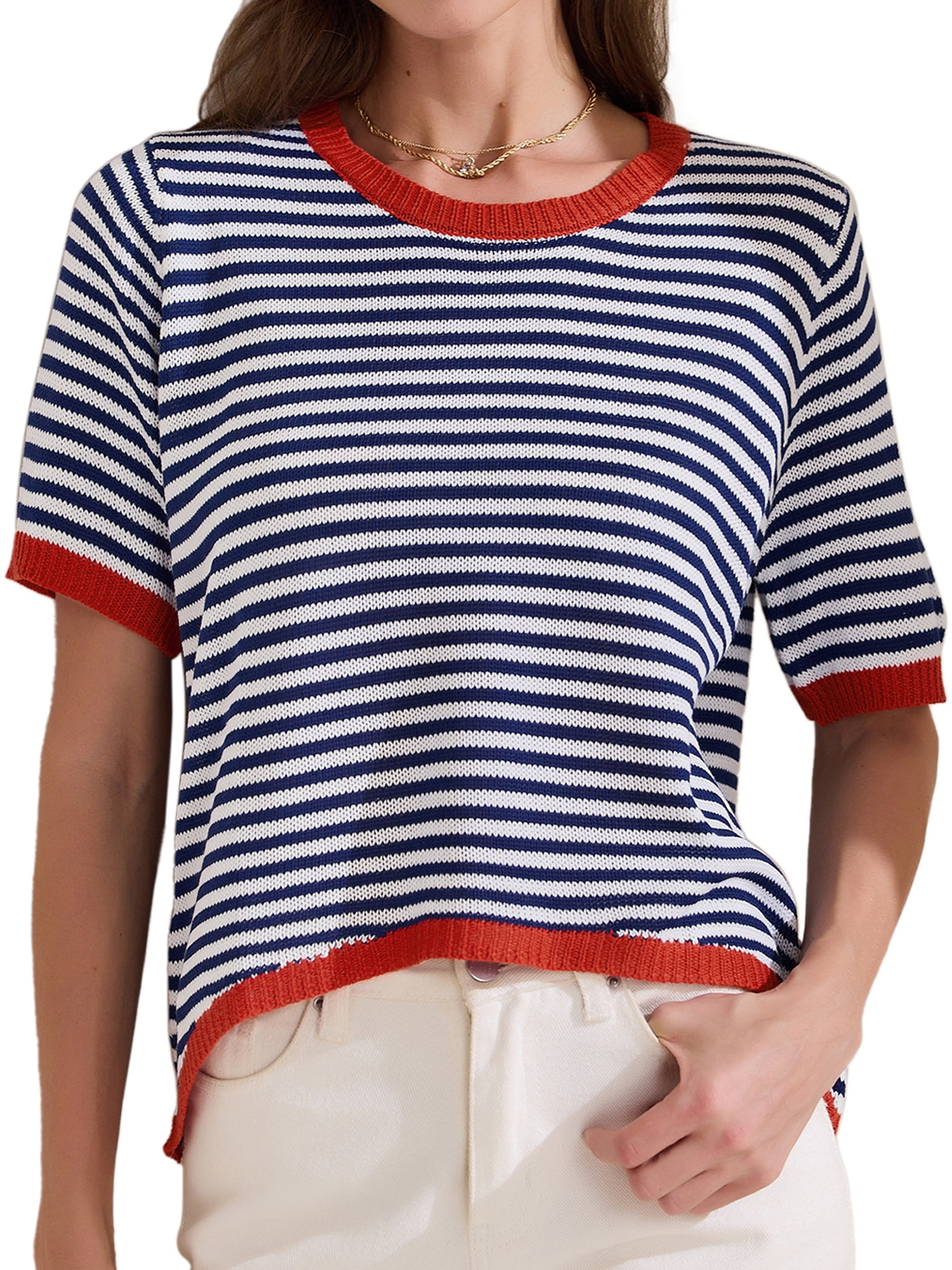 DARING DIVA Women's Striped Knitted Trendy Pullover Top 2XL Dark Blue