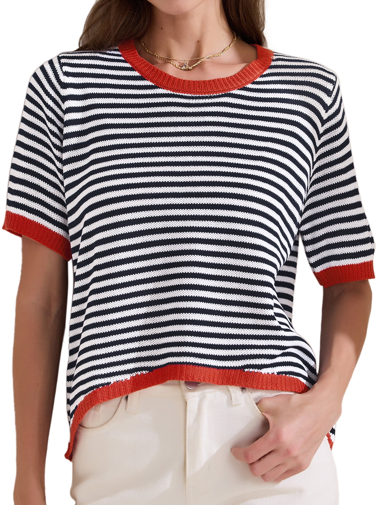 DARING DIVA Women's Striped Knitted Trendy Pullover Top L Black